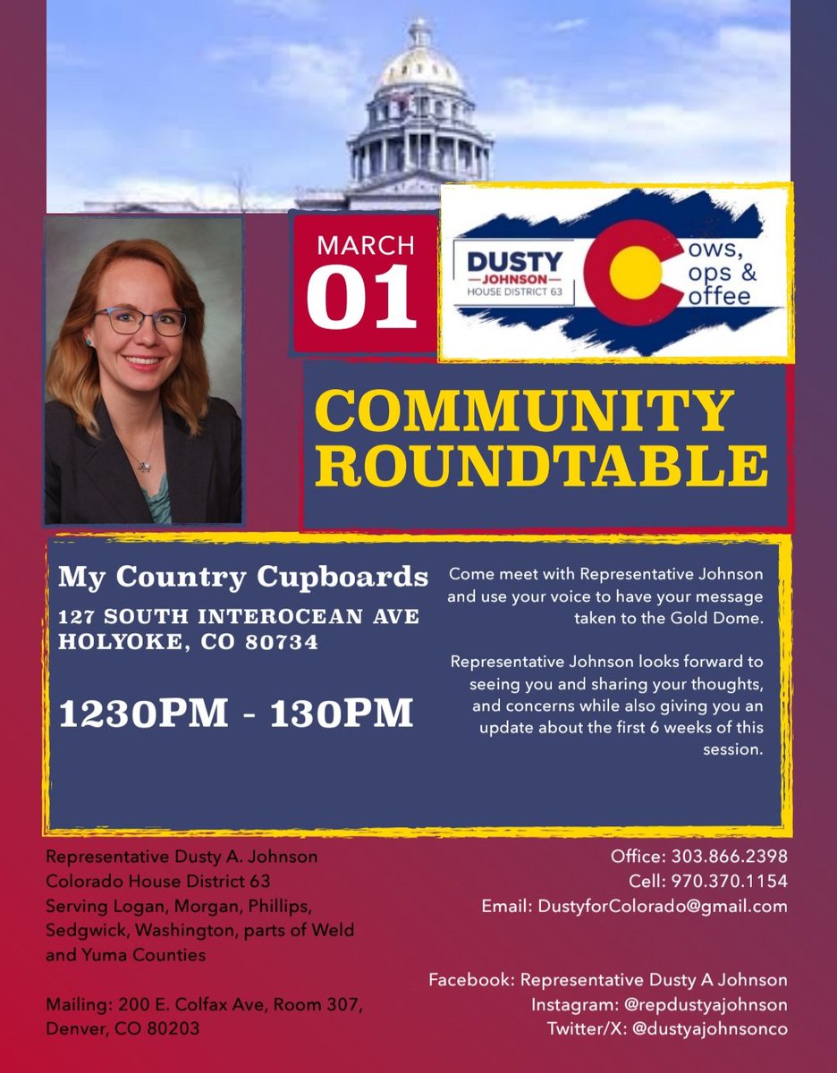 DustyAJohnsonCO's tweet image. UPCOMING Community Roundtable this Saturday, March 1st, from 12:30PM to 1:30PM at My Country Cupboards in Holyoke. I hope to see you there!
#HD63 #ComeToTheTable #RoundtableDiscussion #VoiceFromPlainsToGoldDome