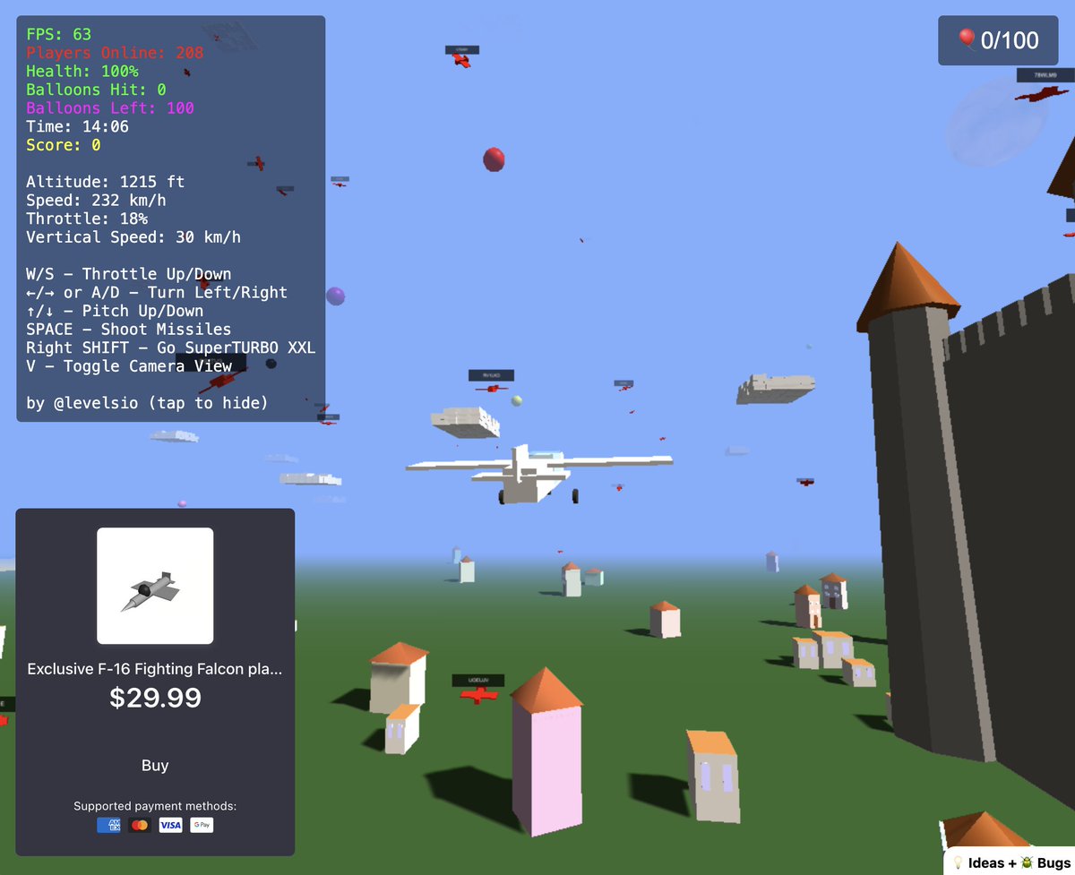 levelsio's tweet image. ✈️ Added a Stripe  [ Buy ] button now to fly.pieter.com

So you can buy an F16 for $29.99

I asked @Cursor and Claude 3.7 Sonnet to design the plane 

You'll be able to fly faster and shoot harder than everyone else and win in dogfights :D