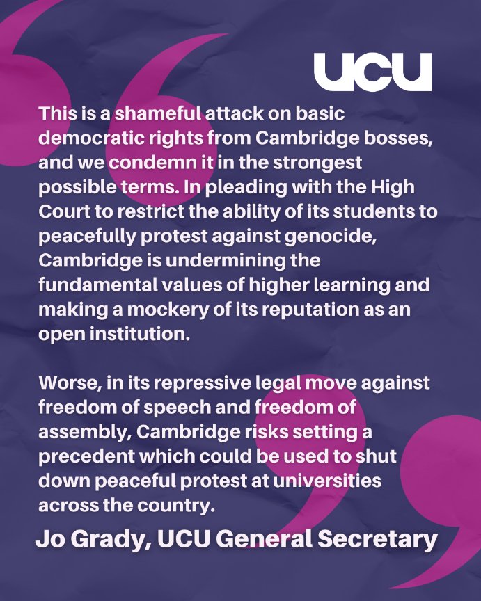UCU (@ucu) on Twitter photo We condemn the University of Cambridge's attempt to place legal restrictions on all pro-Palestine protests.
Alongside <a href="/PSCupdates/">Palestine Solidarity Campaign</a> and @LibertyHQ we call out this application to the High Court for an injunction what it is: a shameful attack on basic democratic rights. We condemn the University of Cambridge's attempt to place legal restrictions on all pro-Palestine protests.
Alongside <a href="/PSCupdates/">Palestine Solidarity Campaign</a> and @LibertyHQ we call out this application to the High Court for an injunction what it is: a shameful attack on basic democratic rights.