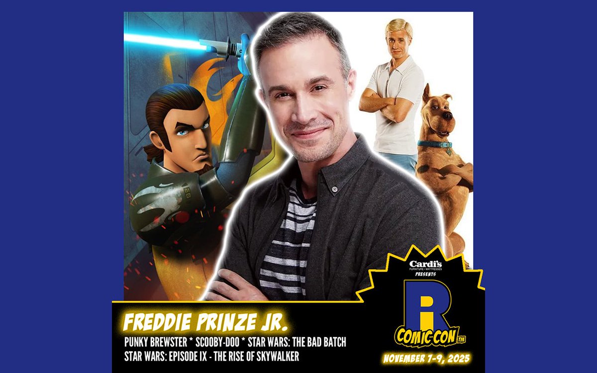Please welcome Freddie Prinze Jr to #RICC2025! Freddie co-starred with Soleil Moon Frye in the Punky Brewster sequel on Peacock. Freddie also starred in films such as I Know What You Did Last Summer, She's All That, and Scooby-Doo: The Movie. In the Star Wars universe, he played