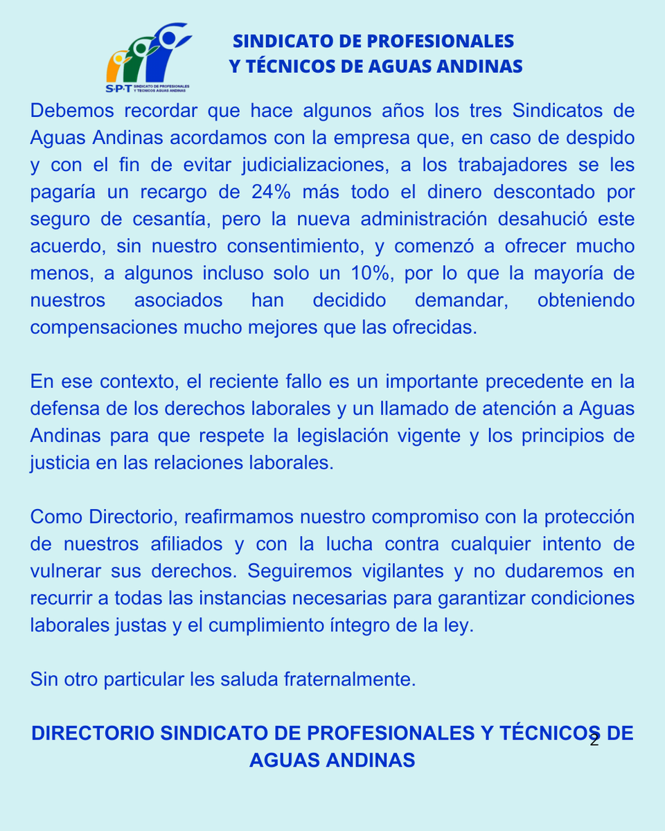 🙋‍♀️Estimadas socias y socios:

Respecto a la sentencia de la Corte de Apelaciones de Santiago (Rol 3282-2024) del 13 de febrero de 2025, donde se rechaza el recurso interpuesto por Aguas Andinas,   en la declaramos lo siguiente:

#DerechosLaborales #sindicato #Atención #Infórmate