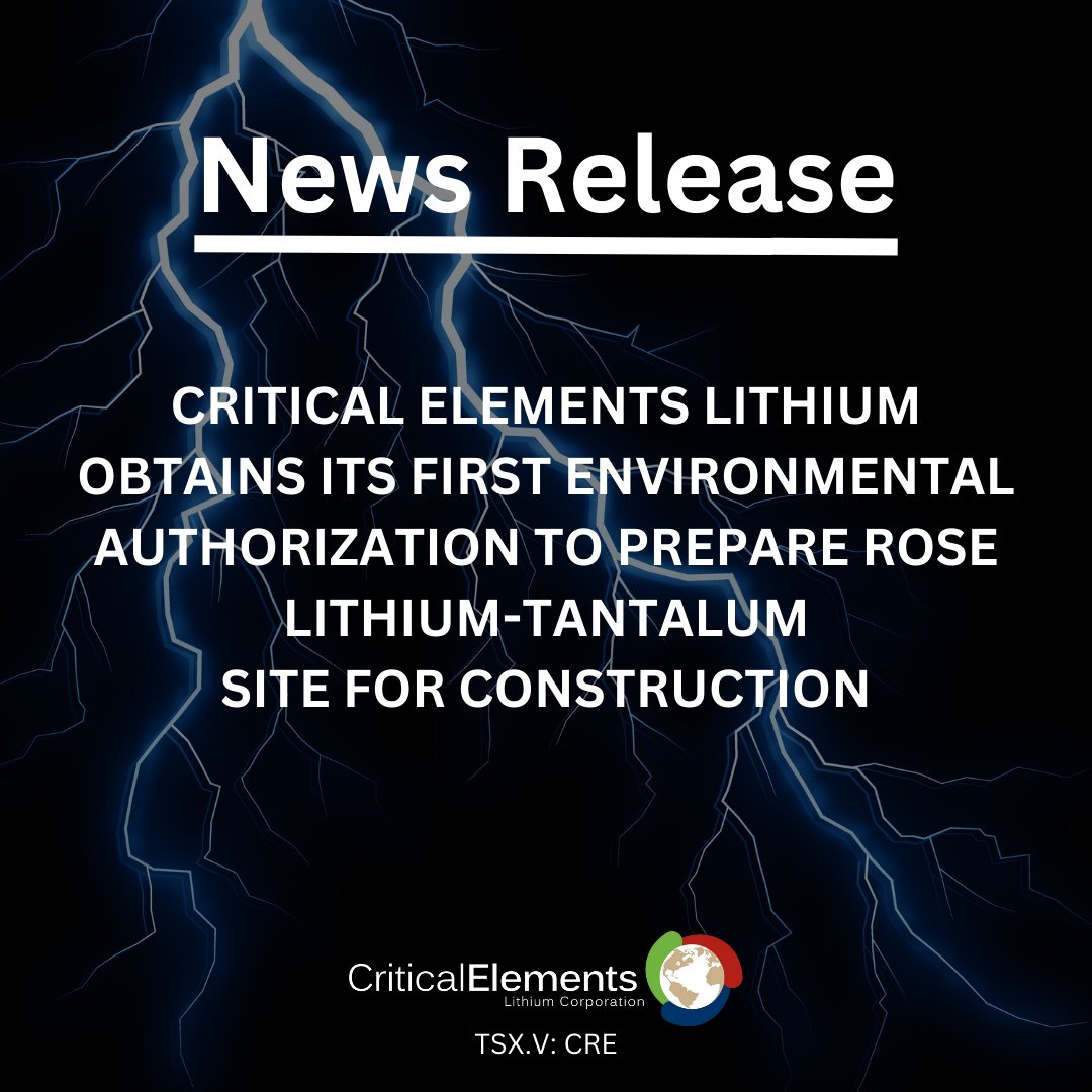 News Release:

CRITICAL ELEMENTS LITHIUM OBTAINS ITS FIRST ENVIRONMENTAL AUTHORIZATION TO PREPARE ROSE LITHIUM-TANTALUM SITE FOR CONSTRUCTION

cecorp.ca/en/critical-el…

$CRE.V #miningnews #LithiumCharged #Lithium #CriticalElements #Mining #Quebec #EVs #PoweringTomorrow