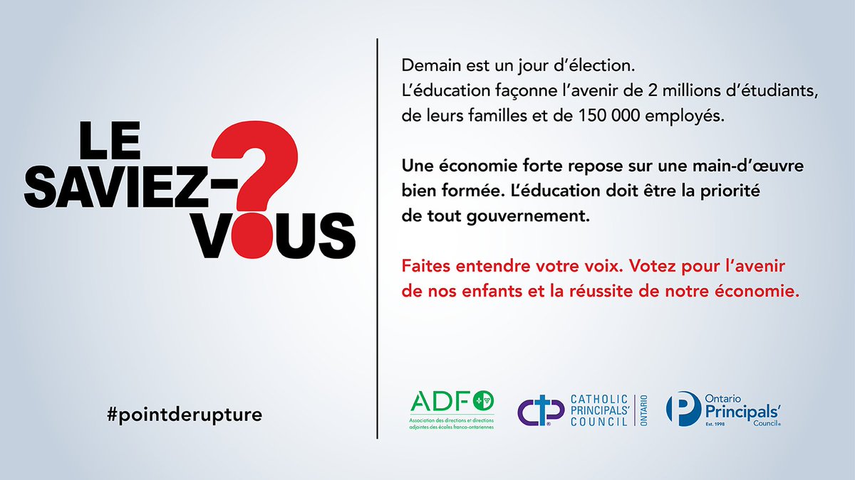 📢 Demain, c'est jour d'élection ! 🗳️
L'éducation façonne l'avenir de 2 millions d'étudiants, de leurs familles et de 150 000 employés.
 
Une économie forte commence par une main-d'œuvre bien formée. L'éducation doit être une priorité absolue!
