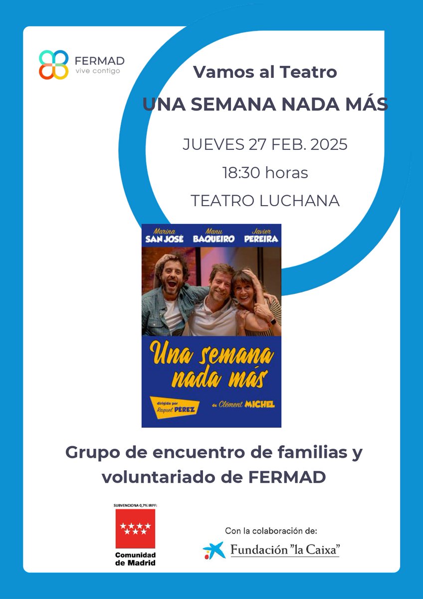 Las familias con
<a href="/VFermad/">Voluntariado FERMAD</a>
#FERMADVIVECONTIGO vamos a compartir ua tarde de TEATRO gracias a la colaboración de
<a href="/FundlaCaixa/">Fundación ”la Caixa”</a> 
#ConvocatoriasSociales2024 #FundacionlaCaixa #TúSiQuePintas #Familias_FERMAD #VoluntariadoFERMAD #AsociacionismoFERMAD