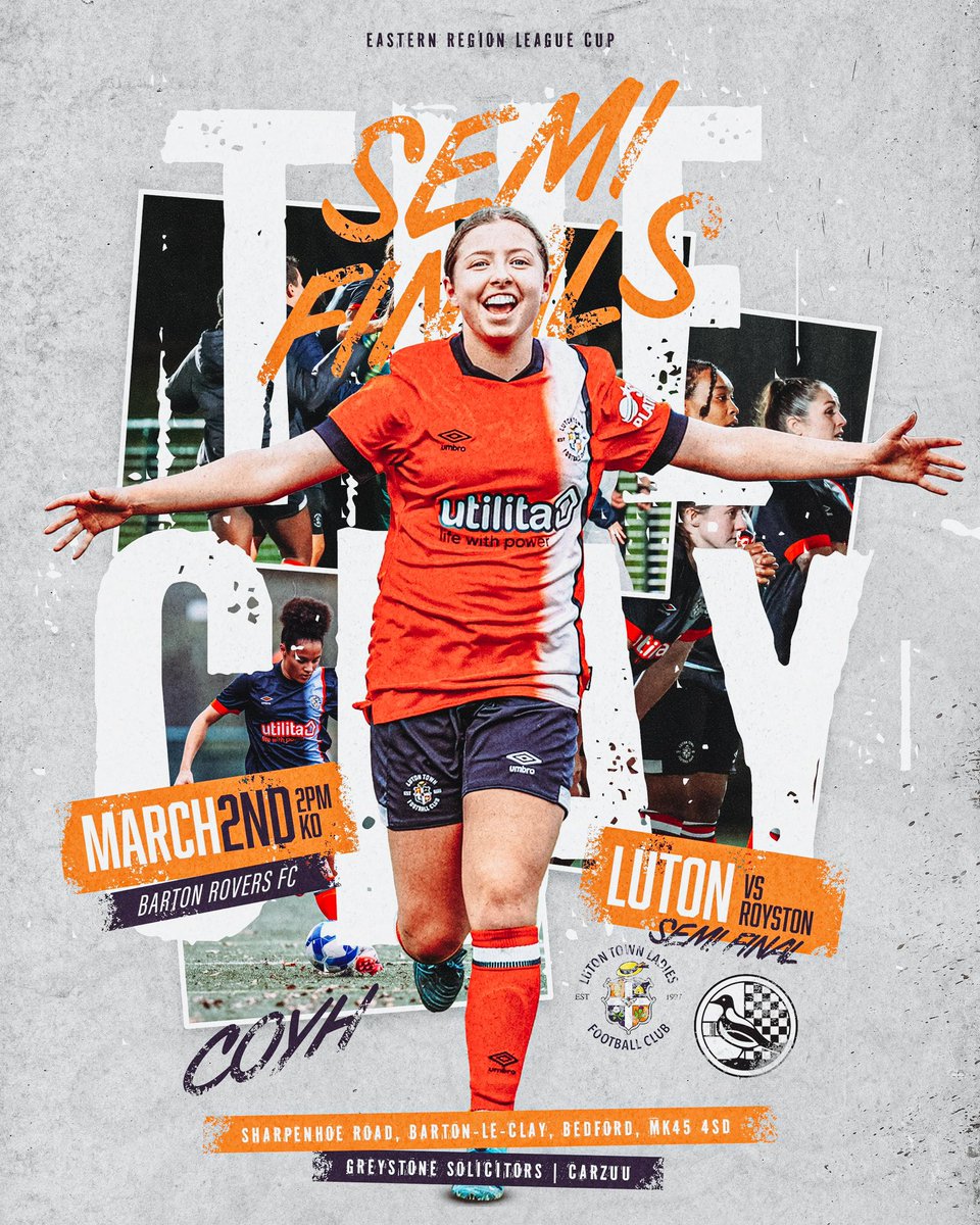 Luton Town Ladies FC (@ltlfc_official) on Twitter photo ⚔️Battle at Barton⚔️
This Sunday we host Royston Town in the League Cup semi-final. Back the ladies at Barton, it’s a big one!🧡
<a href="/DuncanJackphoto/">Duncan Jack Photo</a> ⚔️Battle at Barton⚔️
This Sunday we host Royston Town in the League Cup semi-final. Back the ladies at Barton, it’s a big one!🧡
<a href="/DuncanJackphoto/">Duncan Jack Photo</a>