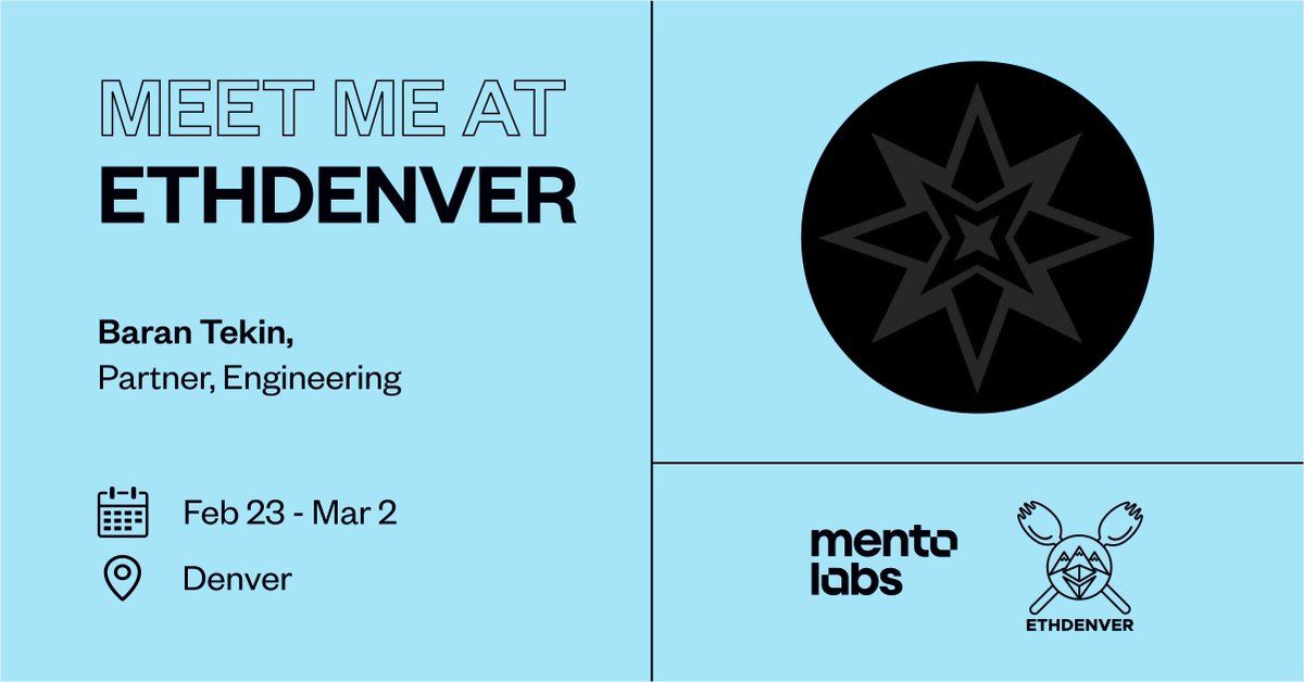 MentoLabs's tweet photo. Ready for @EthereumDenver?

Join our Senior Engineer @tekin_io &amp; the Mento team to dive into the tech behind Mento decentralized local stablecoins &amp; their use cases.

See you there! https://t.co/0DeiHshrk6