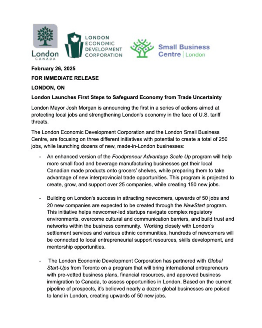 LondonEDC's tweet photo. @MayorMorgan has announced key initiatives to safeguard local jobs and strengthen London’s economy in response to U.S. tariff threats. In partnership with LEDC and @SBCLondon, these initiatives aim to create 250 jobs and launch dozens of new businesses.

#LdnOnt https://t.co/fbYEOtEkYR