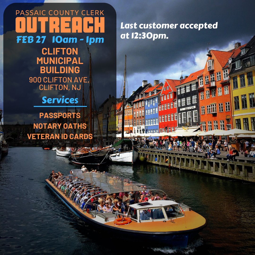 The Passaic County Clerk Outreach Program is coming to Clifton tomorrow.  Book your appointment online smpl.is/a2oci #NJ #Clifton