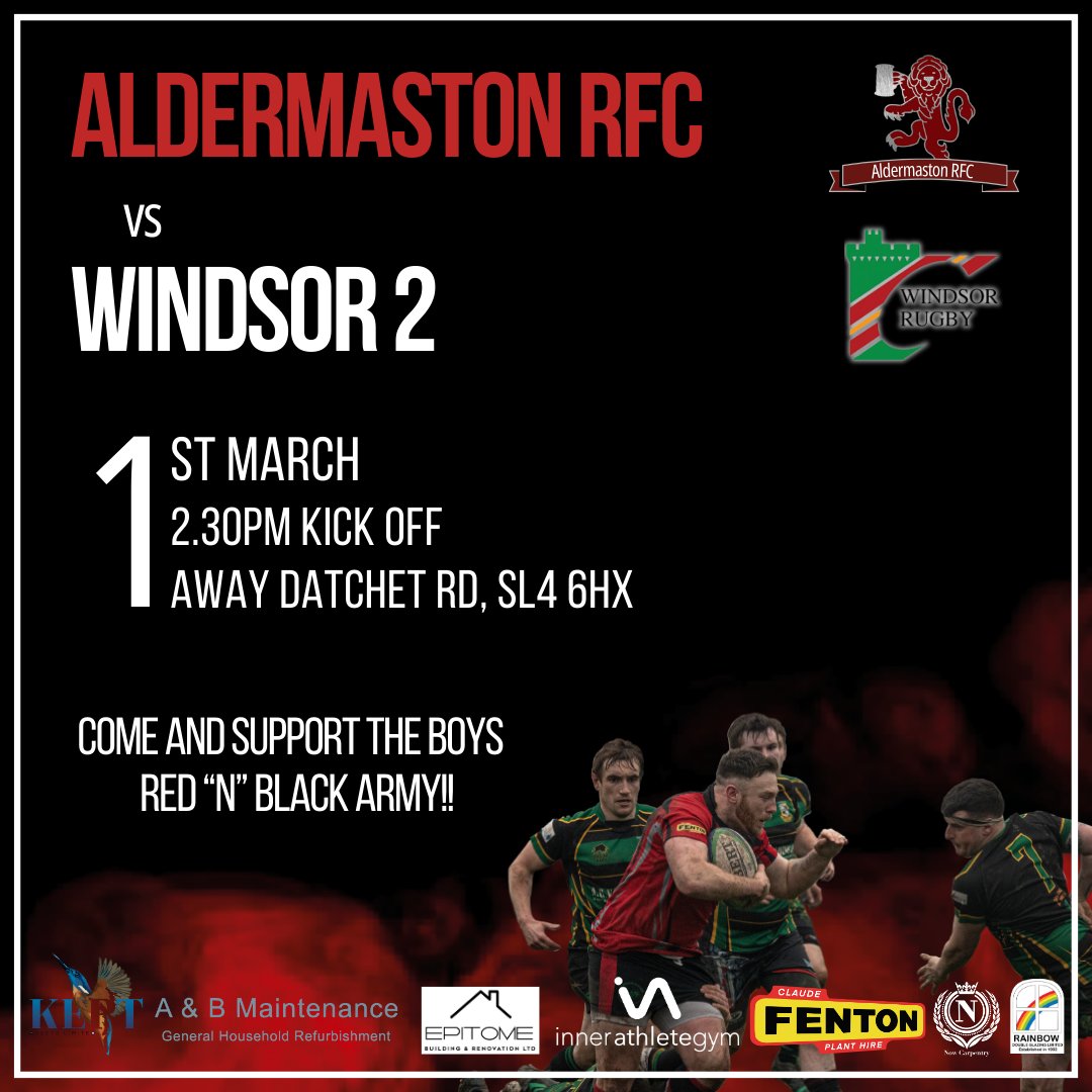 We're off to Datchet Road, SL4 6HX this Saturday, playing against Windsor 2. Kick-off is at 2:30pm, come and cheer the boys on!⁠

Thinking of playing rugby? Visit aldermastonrugby.co.uk/join-arfc/ to find out more
#AldermastonRFC  #RedandBlackArmy #RFU #Berkshire #Aldermaston #Rugby #ARFC