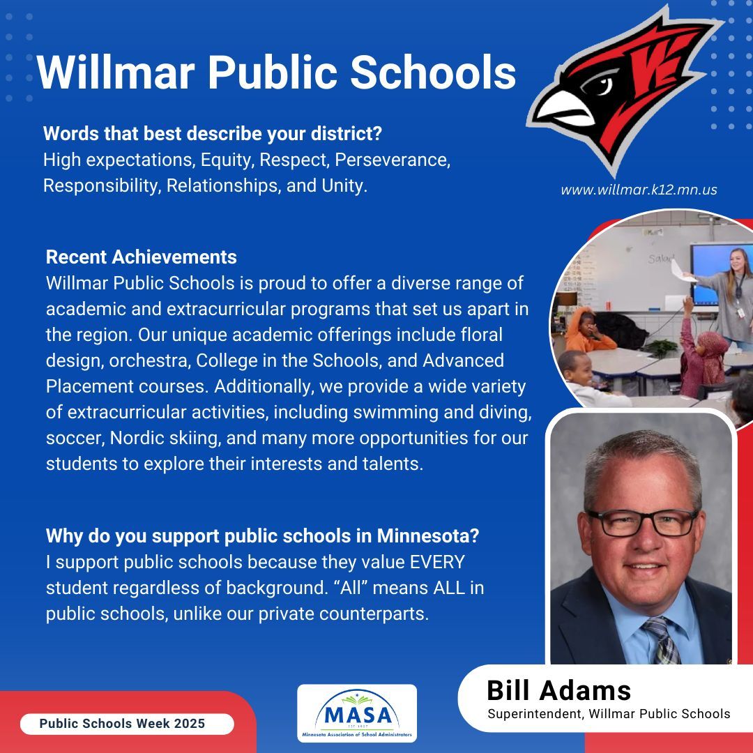 MNASA (@mnassocschadm) on Twitter photo Let’s pop over to Willmar Public Schools (<a href="/ISD347/">Willmar Pub. Schools</a>), led by <a href="/Supt_Adams/">Dr. Bill Adams</a>, to check out their recent highlights! Read the full district highlight here: buff.ly/4i5LJOl
#HereForTheKids #PSW25 #mnMASA #publicschools #minnesota Let’s pop over to Willmar Public Schools (<a href="/ISD347/">Willmar Pub. Schools</a>), led by <a href="/Supt_Adams/">Dr. Bill Adams</a>, to check out their recent highlights! Read the full district highlight here: buff.ly/4i5LJOl
#HereForTheKids #PSW25 #mnMASA #publicschools #minnesota