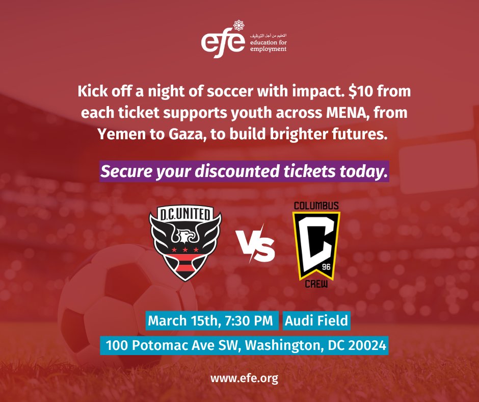⚽ Join us for a match with impact! ⚽
Football, community, and a great cause—don’t miss out! 

$10 from every ticket sold supports EFE in creating economic opportunities for unemployed youth across the MENA region.

🎟️ Get your ticket here: bit.ly/4hSj9zz