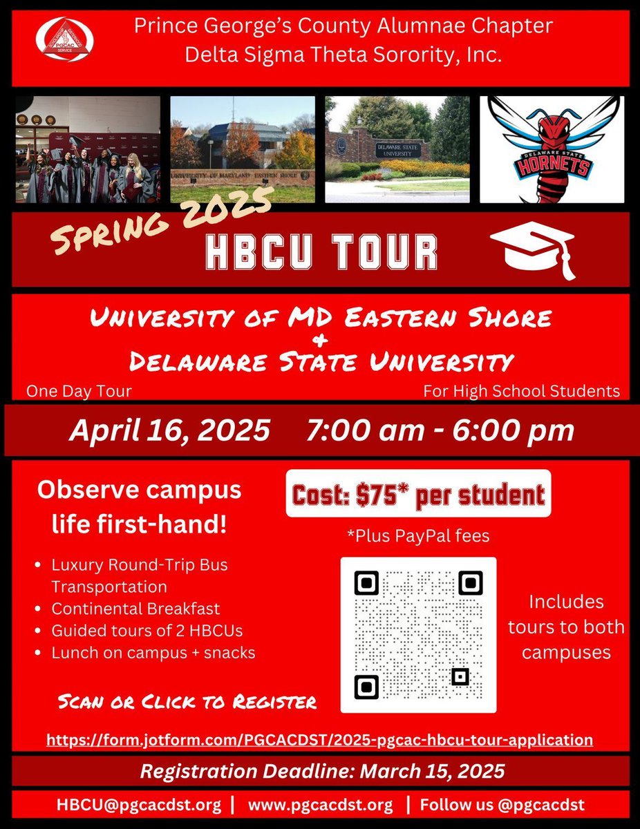pgcacdst's tweet photo. Registration is open! Our #HBCUTour is an opportunity for high school students to experience campus life and learn about college programs, admissions and scholarships at 2 local HBCUs. Register here: https://t.co/VOG9Xfqfmk Deadline is March 15th.
#PGCACDST #HBCU https://t.co/KpWZdXZkut