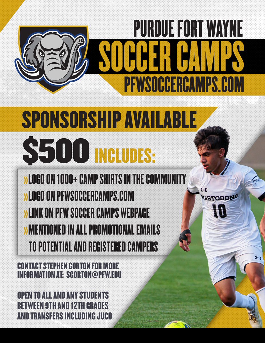 MastodonMSoccer's tweet photo. ‼️LOCAL BUSINESSES‼️ Looking to get involved with PFW Soccer? We are still looking for sponsors for our camps in July! Please contact Coach Gorton if interested. https://t.co/WGvvQFKzYn