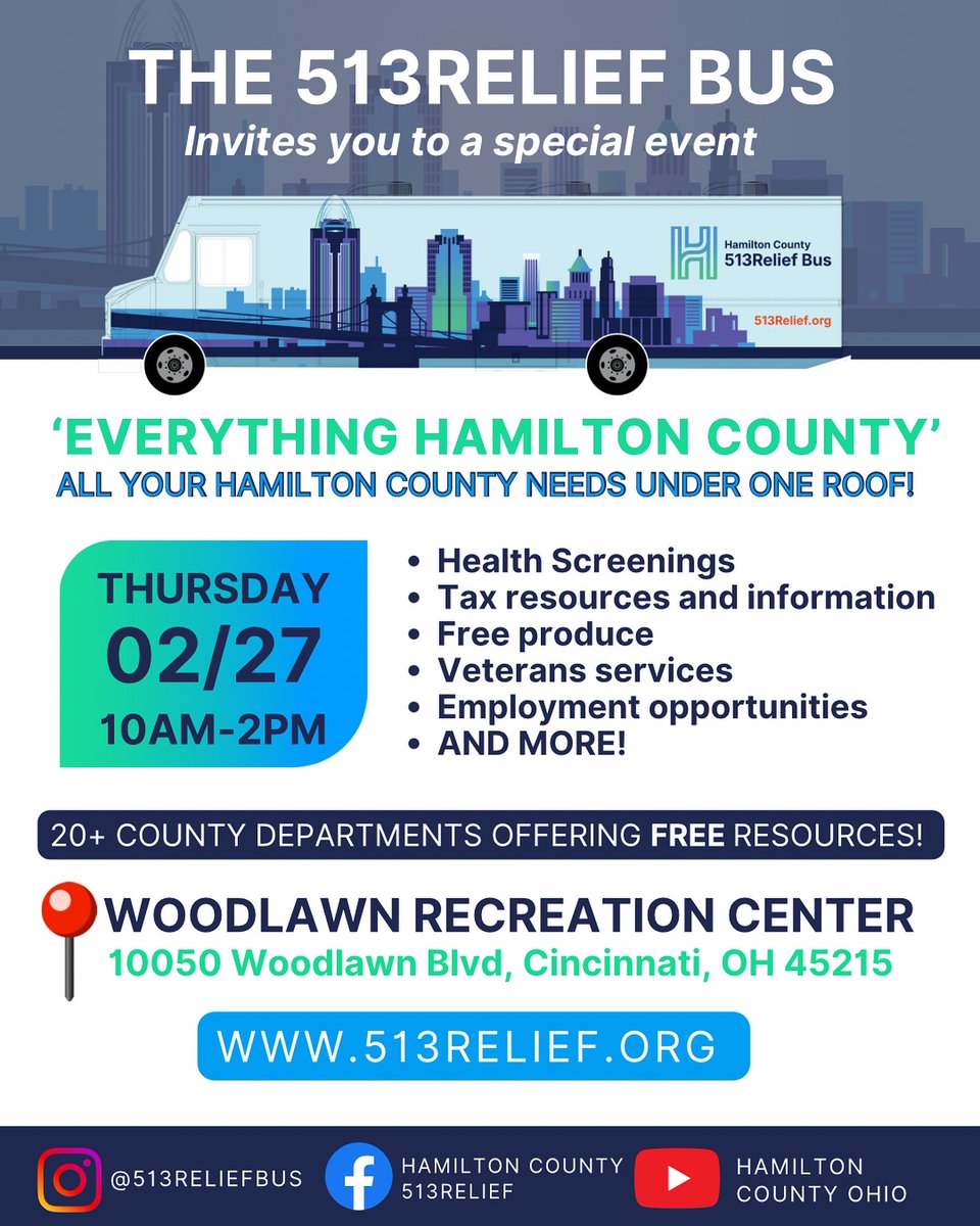 The <a href="/513Relief/">513Relief</a> Bus is back and making its first stop of the year TOMORROW—and it’s a big one! Thursday, Feb. 27 from 10 a.m. – 2 p.m., they're bringing “Everything Hamilton County” to one convenient location.