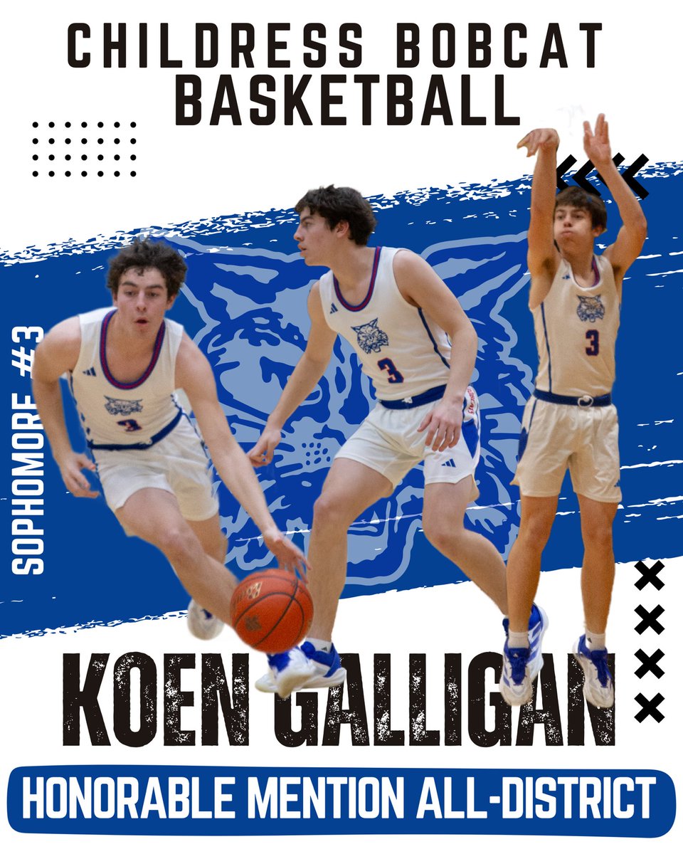 Congratulations Childress Bobcat Basketball
🏀 2025 All-District Honors🏀
🔵Honorable Mention-Kaleb Mayden, Cash Hightower, Jacob Mora, Koen Galligan