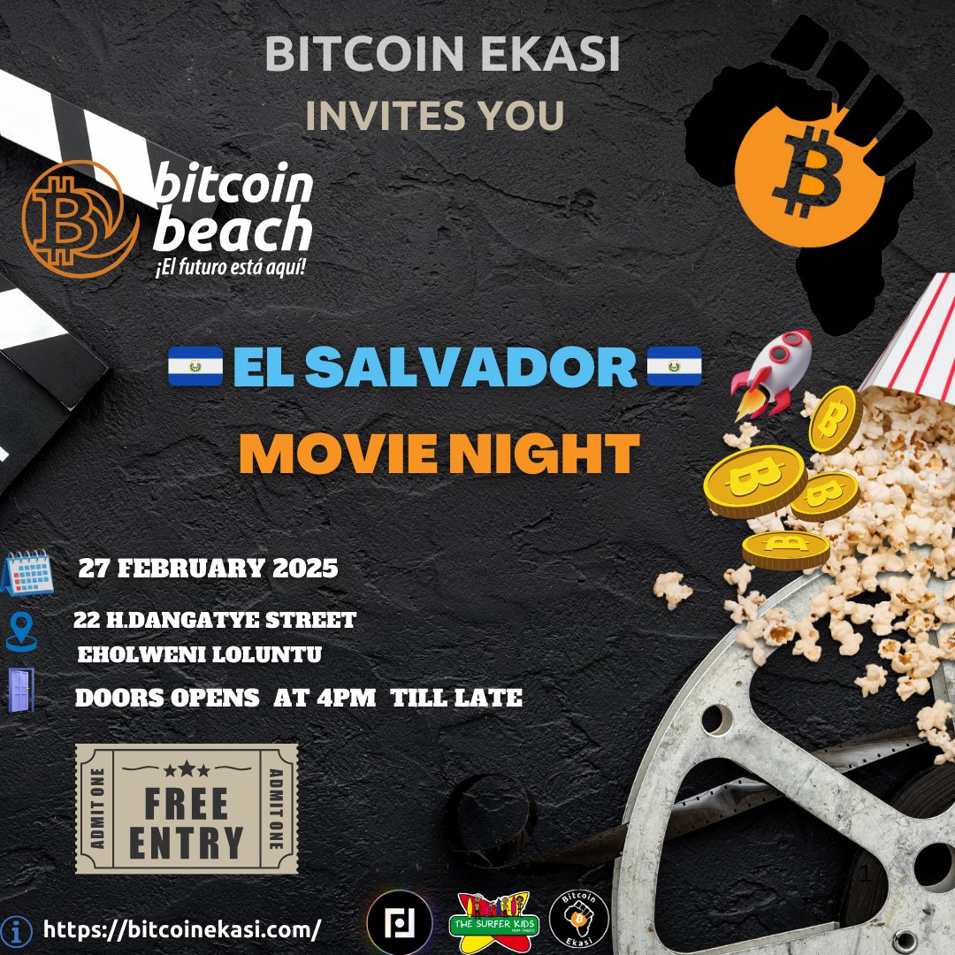 Bitcoin Ekasi (@bitcoinekasi) on Twitter photo Movie night tomorrow night!
Next three months will be special El Salvador Movie nights, where we'll screen various documentaries on Bitcoin adoption in El Salvador, starting with: Follow The Money - Bitcoin in El Salvador, by <a href="/PeterMcCormack/">Peter McCormack 🏴☠️🇬🇧🇮🇪</a>
<a href="/LuthandoSABTC/">LuthandoSABTC⚡🇿🇦</a>, <a href="/Rotso16Rotso/">NomsaSABTC⚡</a>, and Movie night tomorrow night!
Next three months will be special El Salvador Movie nights, where we'll screen various documentaries on Bitcoin adoption in El Salvador, starting with: Follow The Money - Bitcoin in El Salvador, by <a href="/PeterMcCormack/">Peter McCormack 🏴☠️🇬🇧🇮🇪</a>
<a href="/LuthandoSABTC/">LuthandoSABTC⚡🇿🇦</a>, <a href="/Rotso16Rotso/">NomsaSABTC⚡</a>, and
