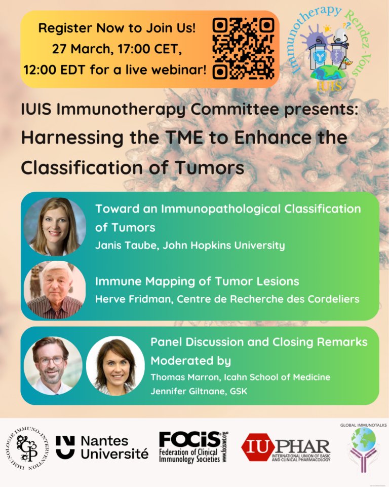 🔬 ¡Nuevo webinar gratuito! 

📅 27 de marzo | ⏰ 17:00 CET | 12:00 EDT
🎙 Speakers:
👩‍⚕️ Janis Taube (Universidad John Hopkins)
🧪 Herve Fridman (Centro de Investigación des Cordeliers)
💬 Panel con Thomas Marron (Icahn School of Medicine) y Jennifer Giltane (GSK)
📲 ¡Registrate!