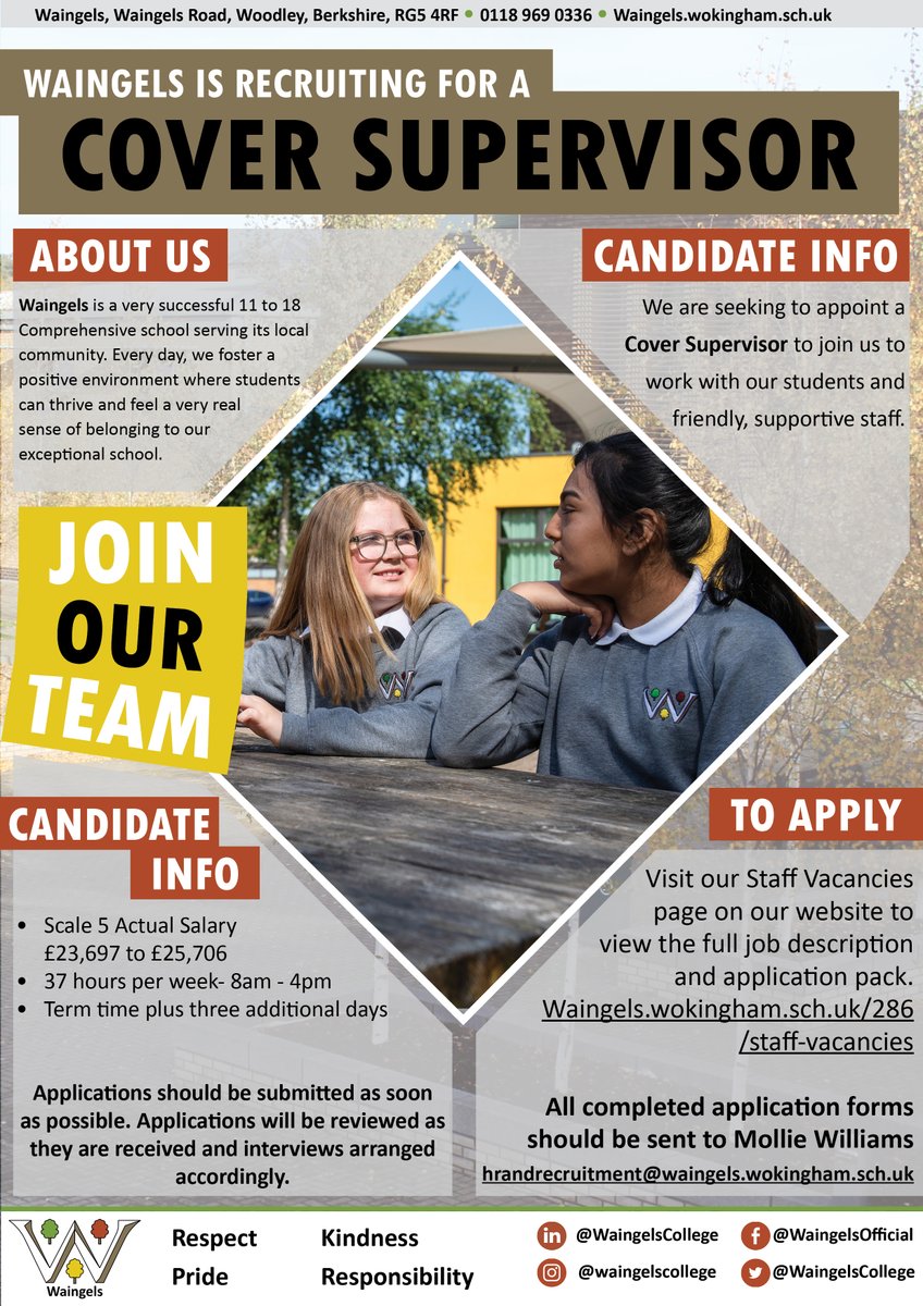 We are recruiting for a Cover Supervisor

☑️Grade 5 SCP 12 to 17 - Actual Salary £23,697 to £25,706
☑️37 hours per week- 8am - 4pm
☑️Term time plus three additional days

For further information and how to apply, please see our website here waingels.wokingham.sch.uk/7282/staff-vac…