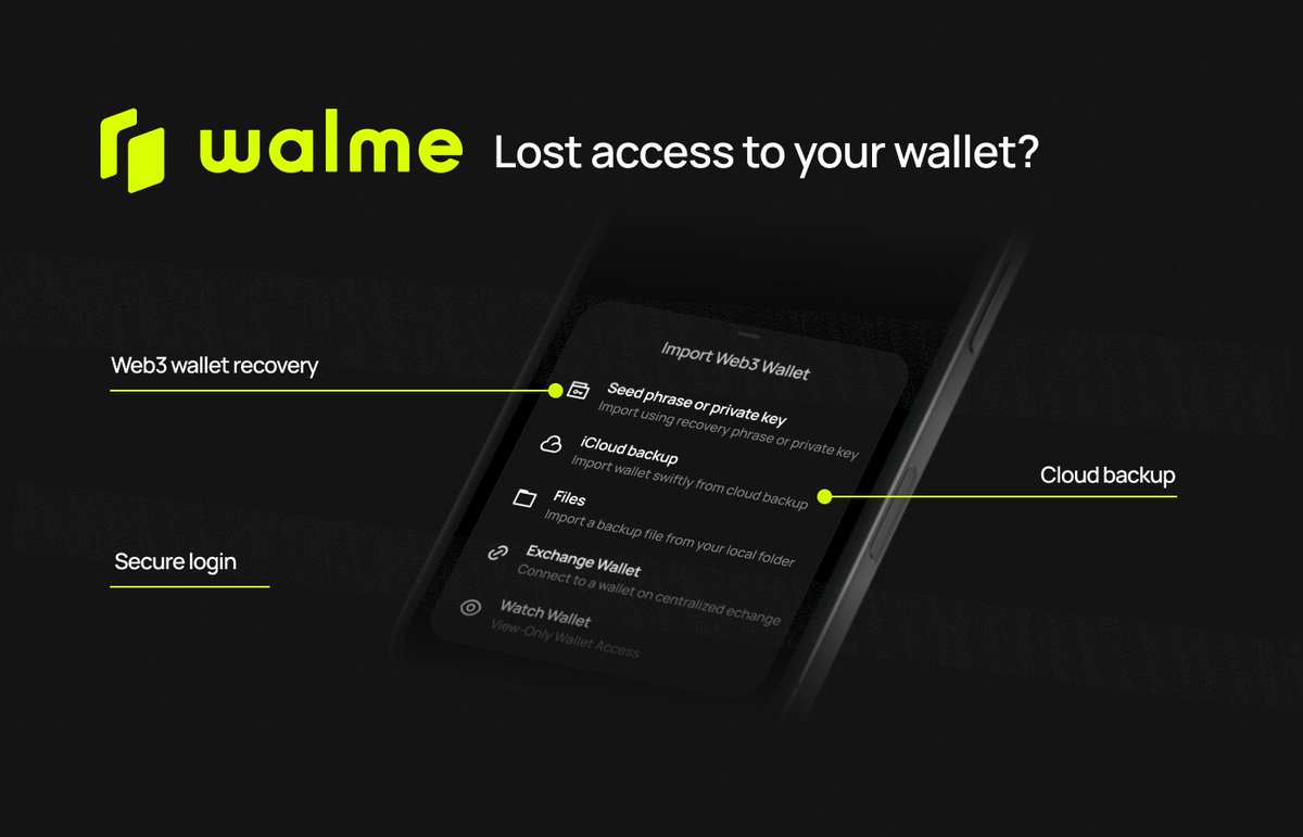 Imagine being a millionaire… but you can't access your fortune.

Turns out, 20% of all Bitcoin is locked in wallets with lost passwords.

But with Walme, you won’t have to worry.

🔜 Web3 wallet recovery –> Restore with your seed phrase.
🔜 Cloud backup –> Recover from iCloud or