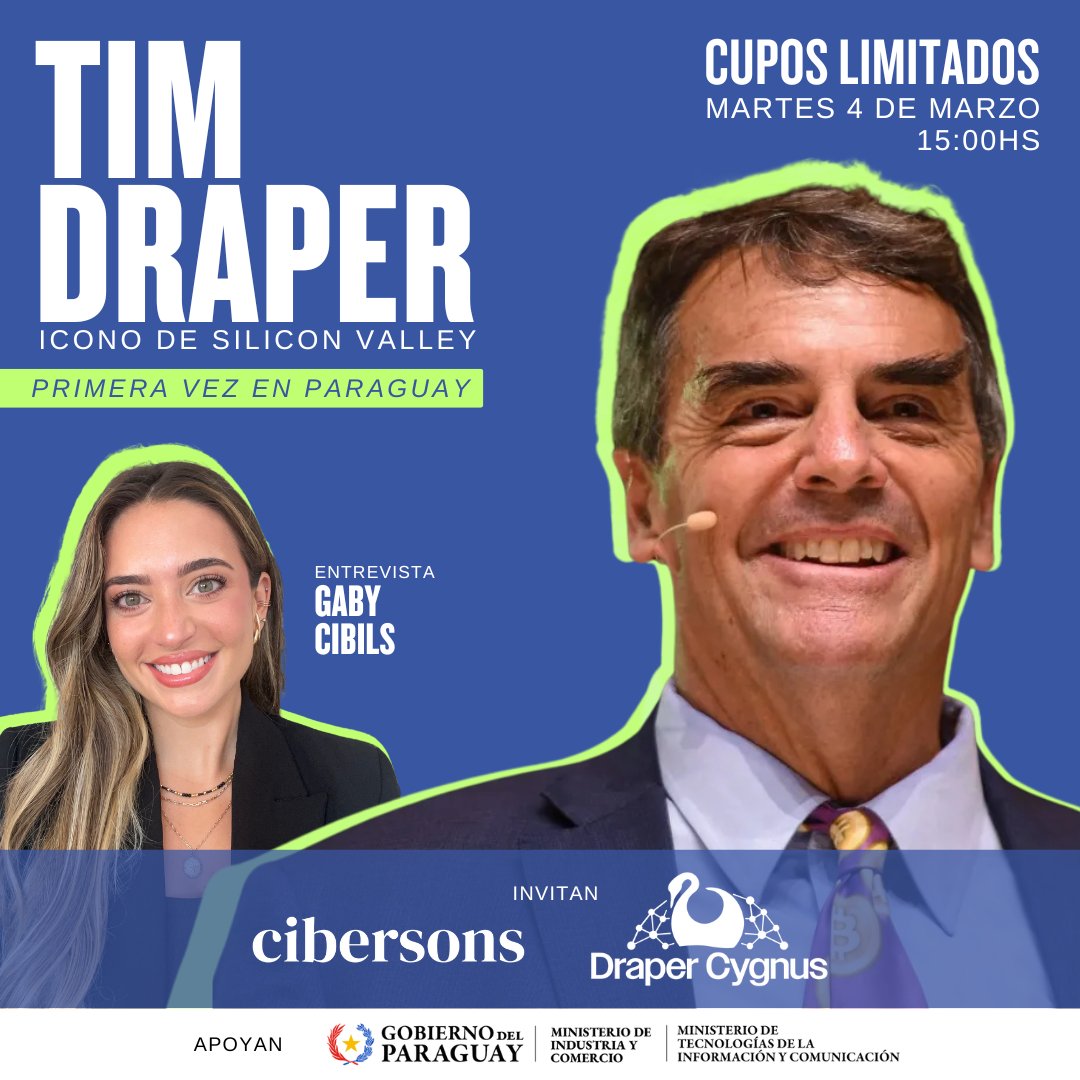 Viene el legendario Tim Draper por primera vez a Paraguay😱
Conocé a Tim de primera mano en la entrevista con, <a href="/gaby_cibils/">Gabriela Cibils Bernardes</a> de <a href="/Cibersons_/">Cibersons</a>. 

📆MARTES 04 de MARZO|⏰15:00hs|📍CUPOS LIMITADOS
Reserva tu lugar: bit.ly/DraperParaguay

Aliado de difusión: ASEPY