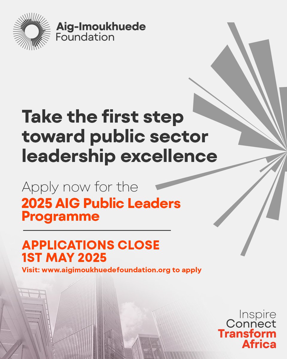 AigFoundation's tweet image. The journey to public sector transformation begins now! When you join the AIG Public Leaders Programme, you get equipped to drive meaningful change.​
Visit aigimoukhuedefoundation.org/developing-lea… to apply.

#AIGPublicLeadersProgramme #AigImoukhuedeFoundation