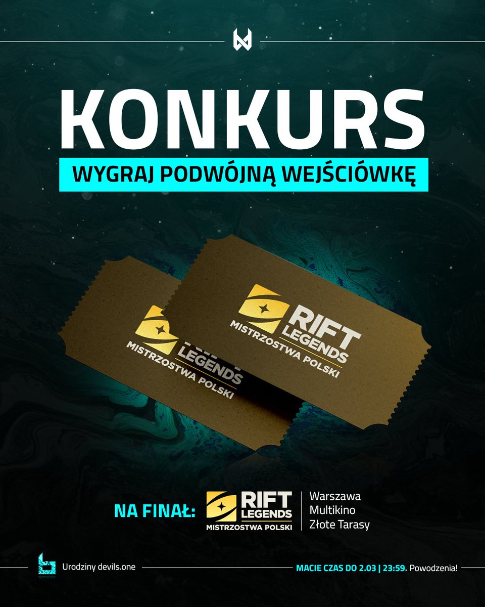 devils.one (@devils1gg) on Twitter photo Jeden konkurs to za mało, dlatego ruszamy z kolejnym!
Do wygrania podwójna wejściówka na Wielki Finał <a href="/RiftLegendsPL/">Rift Legends</a>!
Jak wziąć udział? 🤔
▶ Polub ten post i strzel retweeta
▶ Oznacz osobę, która weźmiesz ze sobą na Finał
▶ W tym samym komentarzu odpowiedz, dlaczego to Wy Jeden konkurs to za mało, dlatego ruszamy z kolejnym!
Do wygrania podwójna wejściówka na Wielki Finał <a href="/RiftLegendsPL/">Rift Legends</a>!
Jak wziąć udział? 🤔
▶ Polub ten post i strzel retweeta
▶ Oznacz osobę, która weźmiesz ze sobą na Finał
▶ W tym samym komentarzu odpowiedz, dlaczego to Wy