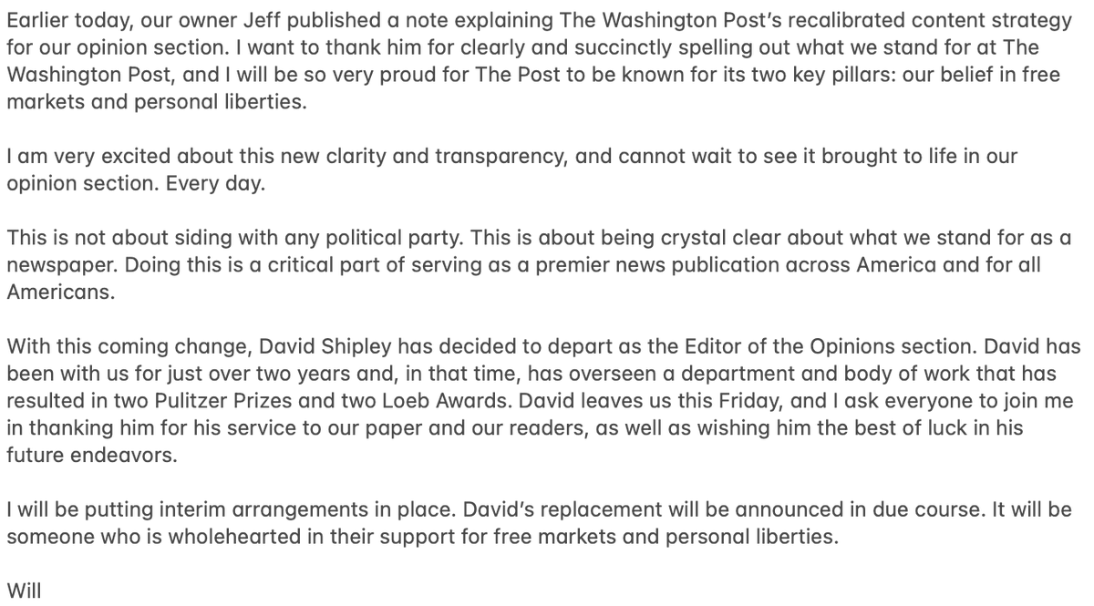 Sara Fischer (@sarafischer) on Twitter photo NEW: <a href="/washingtonpost/">The Washington Post</a> CEO Will Lewis welcomes <a href="/jeffbezos/">Jeff Bezos</a> Opinion Section changes:
"I am very excited about this new clarity and transparency, and cannot wait to see it brought to life in our opinion section. Every day," he told staff in a memo. More below. NEW: <a href="/washingtonpost/">The Washington Post</a> CEO Will Lewis welcomes <a href="/jeffbezos/">Jeff Bezos</a> Opinion Section changes:
"I am very excited about this new clarity and transparency, and cannot wait to see it brought to life in our opinion section. Every day," he told staff in a memo. More below.