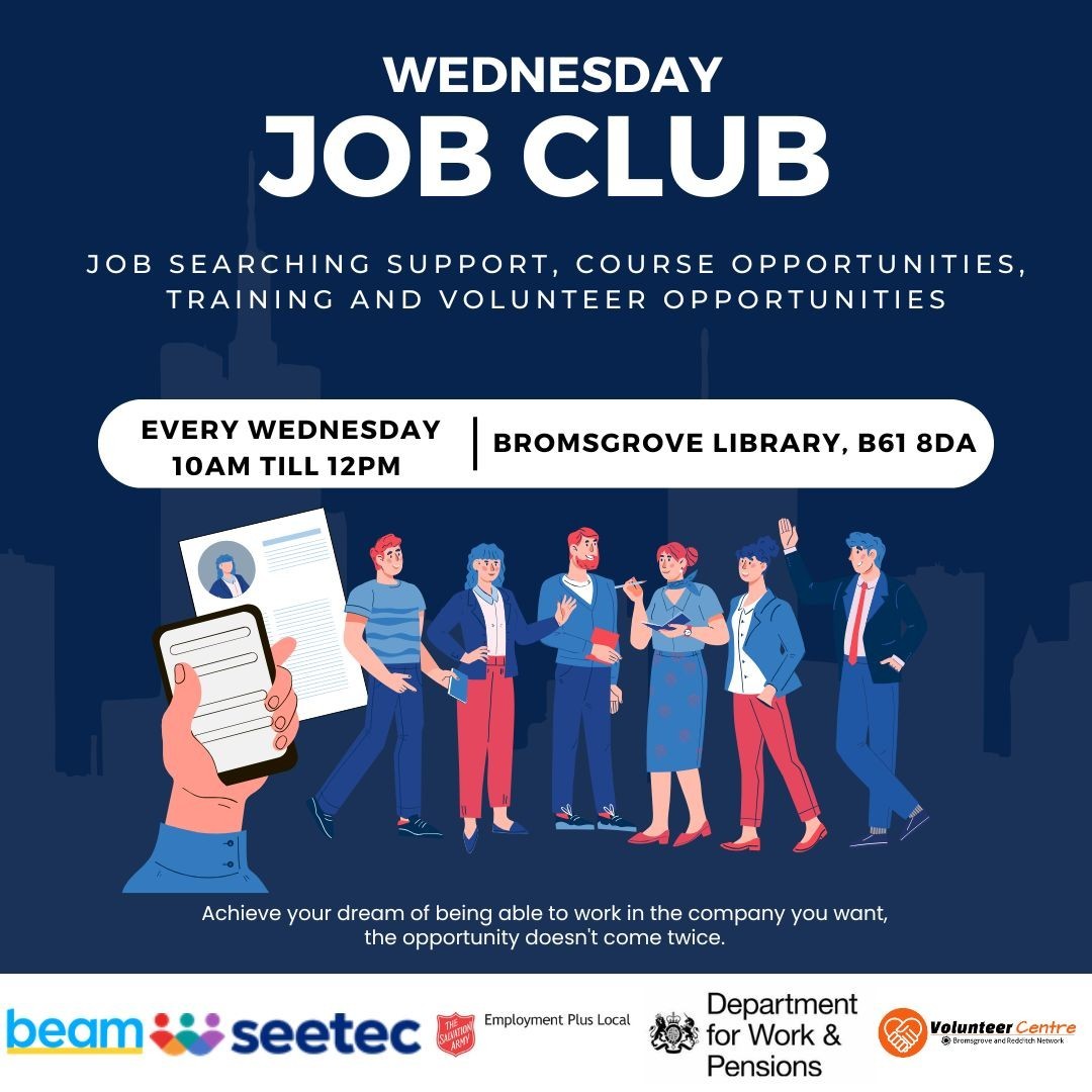 We will be at Bromsgrove Library for the Job Club next Wednesday!

Pop down and chat to us about how volunteering can help get you skills for work.

#volunteering
#bromsgrove
#skillsforwork