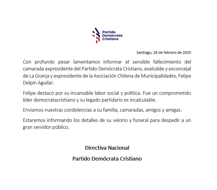 Alberto Undurraga (@aundurragav) on Twitter photo Lamentamos informar el fallecimiento de Felipe Delpin, destacado servidor público demócrata cristiano y gran persona. Su trayectoria es conocida y valorada en todo Chile y en todo el <a href="/PDC_Chile/">Democracia Cristiana</a> y su legado queda en nosotros - Estamos muy tristes, acompañaremos a su familia, a Lamentamos informar el fallecimiento de Felipe Delpin, destacado servidor público demócrata cristiano y gran persona. Su trayectoria es conocida y valorada en todo Chile y en todo el <a href="/PDC_Chile/">Democracia Cristiana</a> y su legado queda en nosotros - Estamos muy tristes, acompañaremos a su familia, a