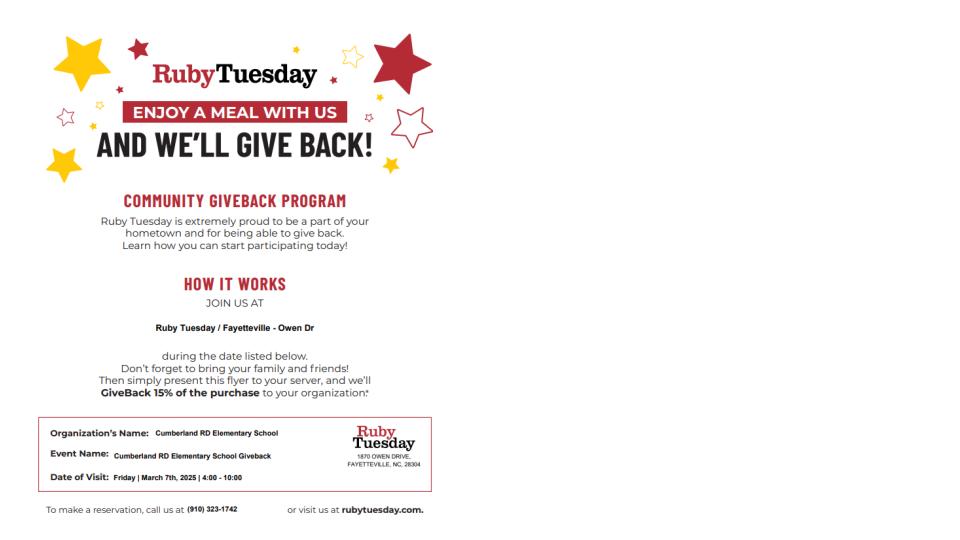 CRES_Calendar's tweet photo. Cumberland Road is having a fundraiser! Come join us for spirit night at RubyTuesday on Owen Dr. See you there! https://t.co/aIJYhpYGXZ