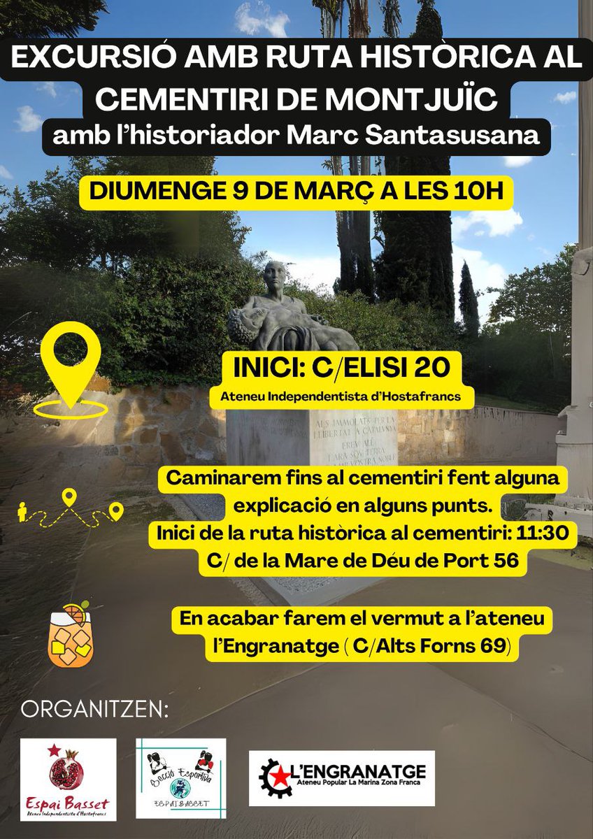 Diumenge 9/03, l'<a href="/ateneuhosta/">Ateneu Hostafrancs</a> i l'<a href="/Engranatge/">Ateneu l'Engranatge</a>, us convidem a una excursió amb ruta històrica al cementiri de Montjuïc. Us hi podeu afegir a les 10h, a l'<a href="/ateneuhosta/">Ateneu Hostafrancs</a>, o a les 11:30, a la porta del cementiri.