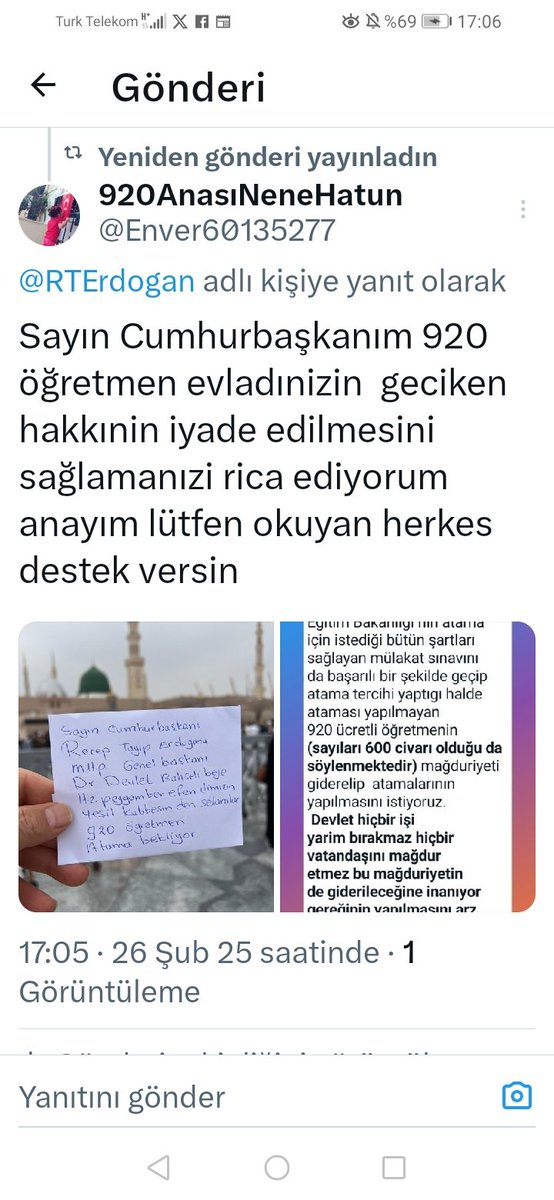 <a href="/RTErdogan/">Recep Tayyip Erdoğan</a> Sayın Cumhurbaşkanım 920 mağdur öğretmenin ve analarınin duasını da alın üzmeyin