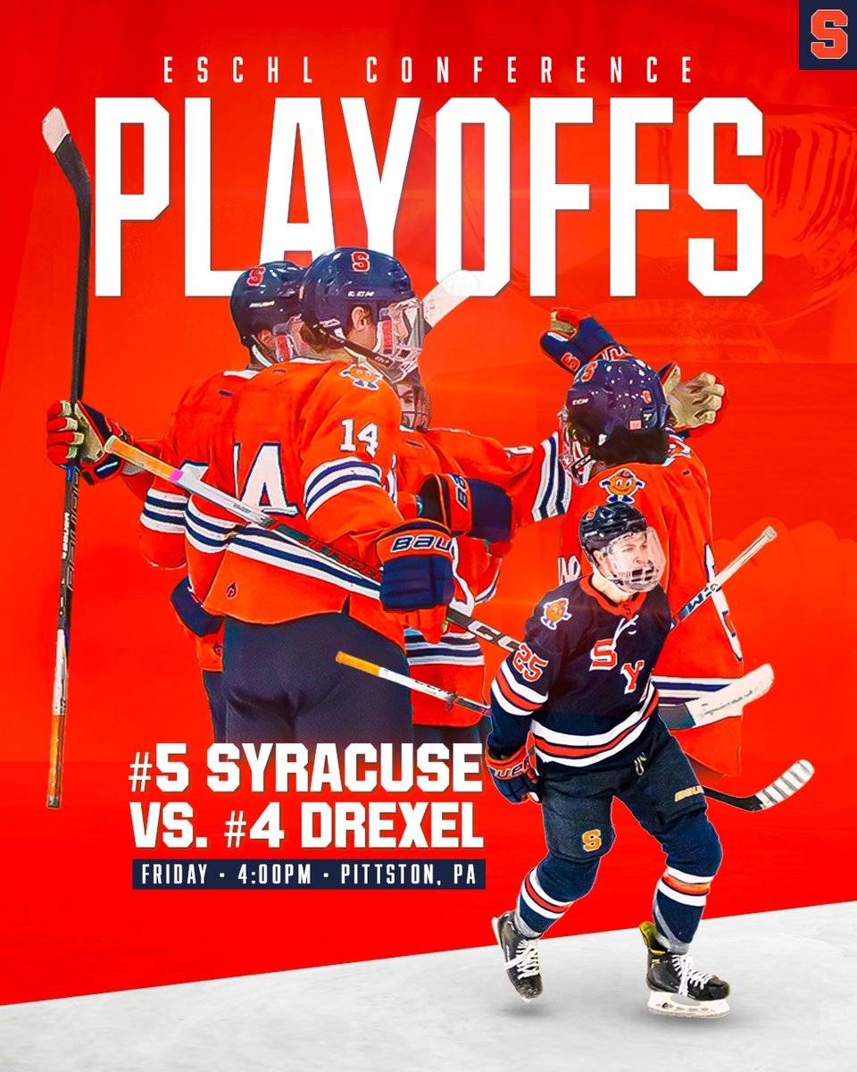 syracusehockey's tweet photo. A chance at the trophy begins Friday 🏆

#5 Syracuse will take on #4 Drexel in the ESCHL Conference Playoff Quarterfinals on Friday evening at 4:00PM in Pittston, PA.

#FO𝗖𝗨𝗦𝗘D🍊 https://t.co/bj2iHO0tEs