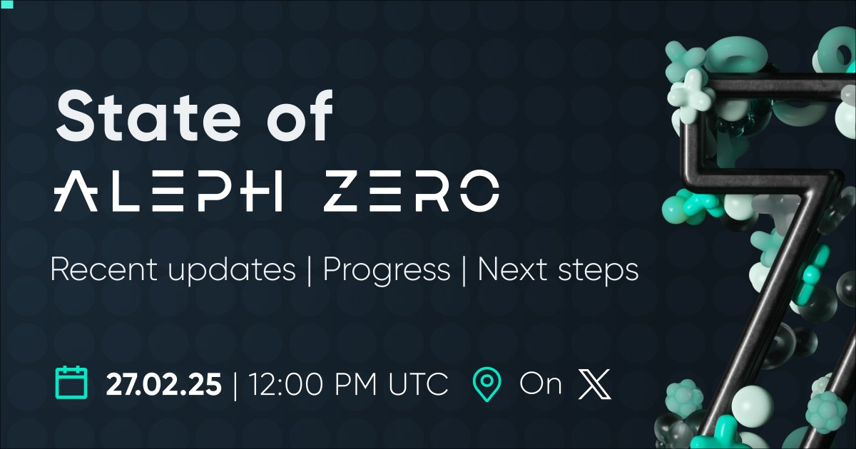 Aleph__Zero's tweet photo. 🎙️ State of Aleph Zero – Live Tomorrow!

Join us on Feb 27th at 12 PM UTC for a live community call with @GagolAdam, covering the progress toward our vision, and what’s next.

We’re testing an X livestream format, so there's no link. Set your notifs on and tune in live! 🔔