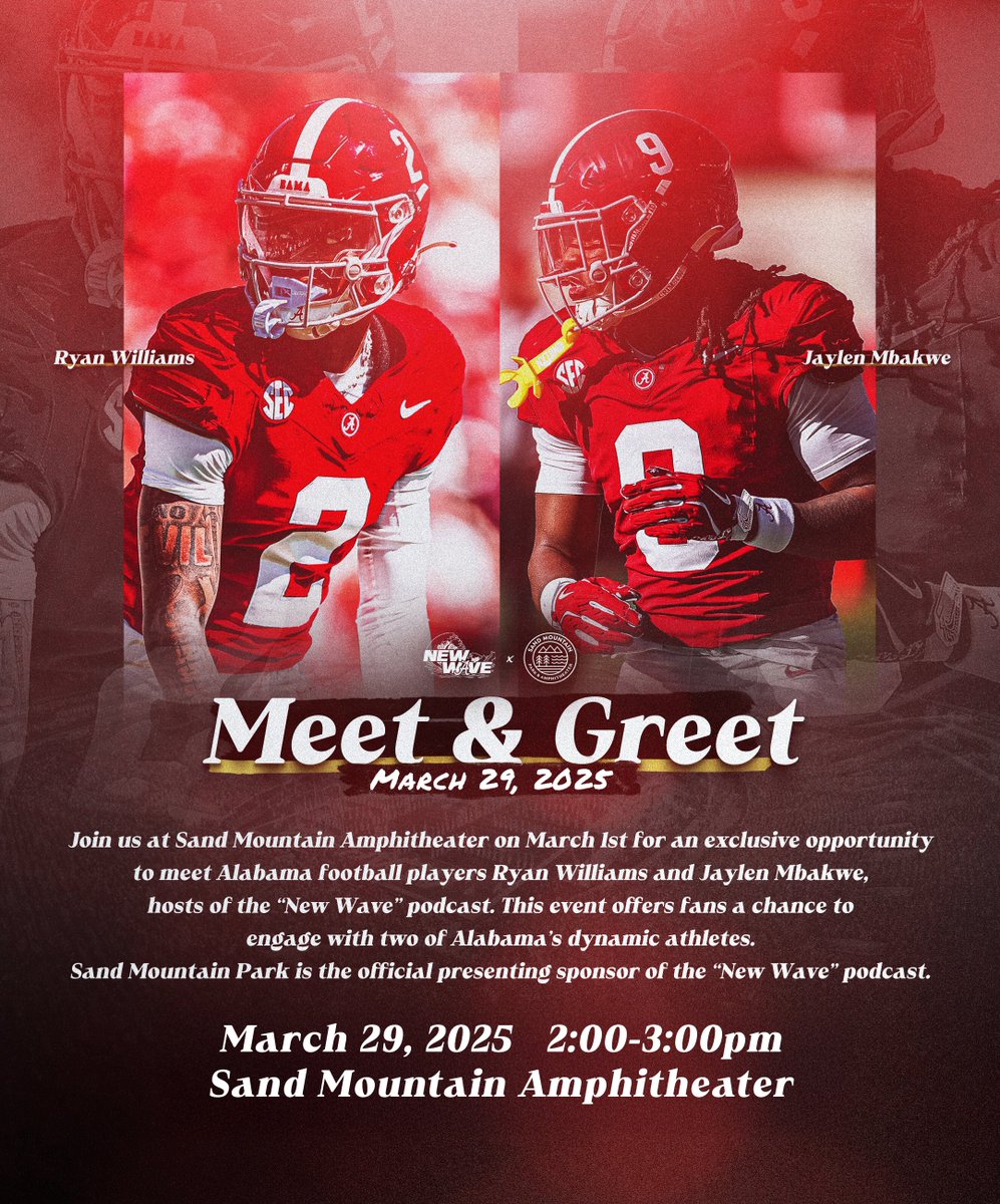 New Wave Pod w/ Ryan Williams & Jaylen Mbakwe ποΈ (@thenewwaveshow) on Twitter photo COME MEET US!
π
NEW DATE: Saturday, March 29th
π Location: Sand Mountain Amphitheater
β° Time: 2PM - 3PM
β
FREE Event!
<a href="/Ryanwms1/">ππ²ππ§ βππ¨π₯π₯π²π°π¨π¨πβ ππ’π₯π₯π’ππ¦π¬ 2</a> <a href="/JayMbakwe/">Jaylen βBakβ Mbakwe</a> COME MEET US!
π
NEW DATE: Saturday, March 29th
π Location: Sand Mountain Amphitheater
β° Time: 2PM - 3PM
β
FREE Event!
<a href="/Ryanwms1/">ππ²ππ§ βππ¨π₯π₯π²π°π¨π¨πβ ππ’π₯π₯π’ππ¦π¬ 2</a> <a href="/JayMbakwe/">Jaylen βBakβ Mbakwe</a>