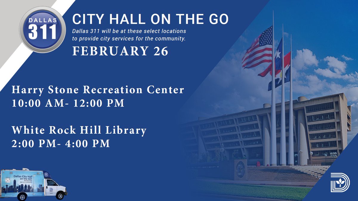 311Dallas's tweet image. Ready to make a difference? Please stop by at the location below and let us help you with your City of Dallas service requests .#dallasrecreationcenters #dallascode #dallas #dallasrecreationcenter #cityhallonthego #dallascityhall #dallascommunity #dallascitycouncil #dallasnews