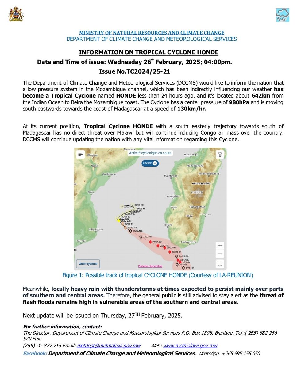 Information on Tropical Cyclone Honde As Issued by @DccmsM