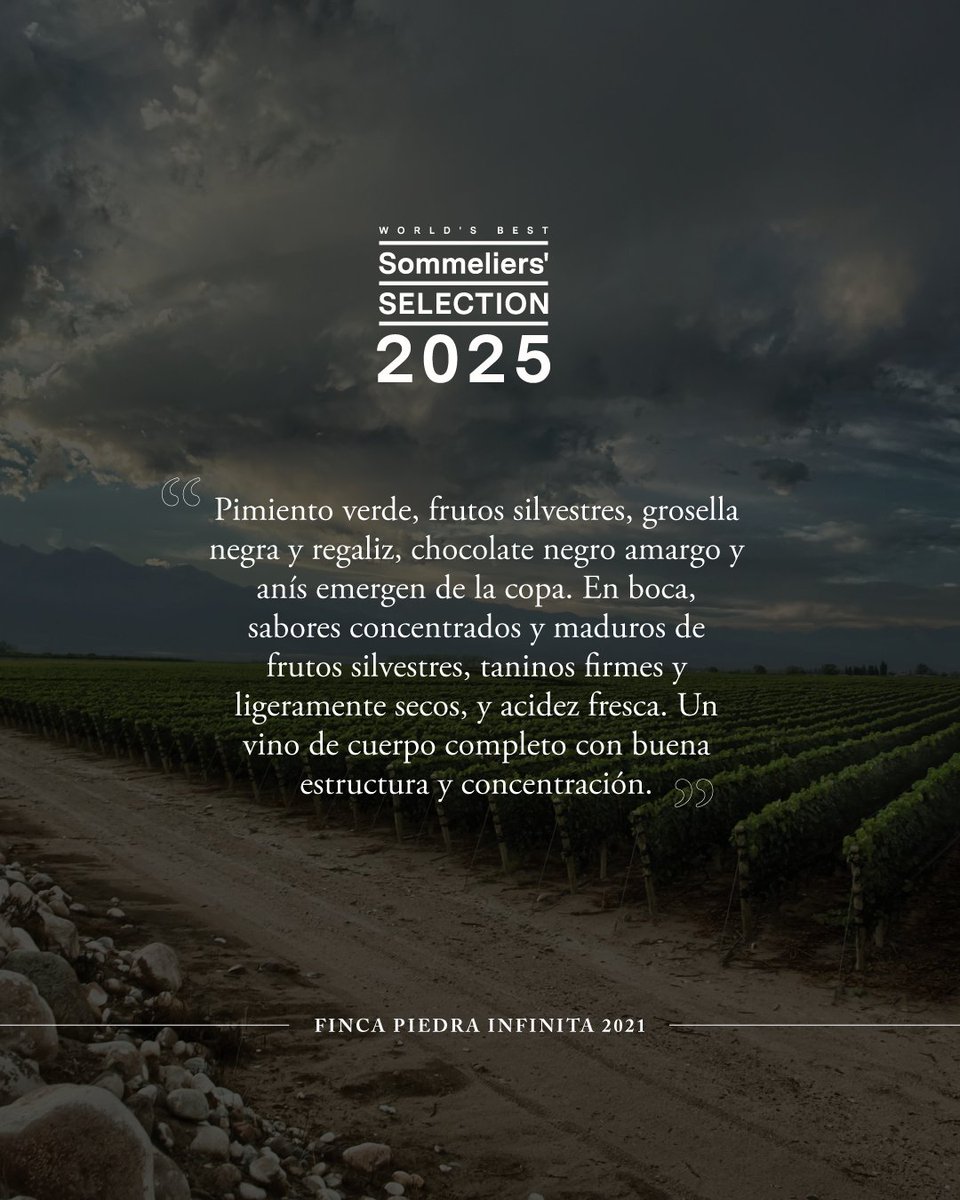 Zuccardi ValleDeUco (@zuccardiwines) on Twitter photo Nos sentimos honrados de que nuestro Finca Piedra Infinita 2021 haya sido seleccionado entre los mejores vinos del mundo en la segunda edición de la World’s
Best Sommeliers’ Selection.
¡Gracias a <a href="/wbestsommeliers/">World's Best Sommeliers' Selection</a> por este reconocimiento! Nos sentimos honrados de que nuestro Finca Piedra Infinita 2021 haya sido seleccionado entre los mejores vinos del mundo en la segunda edición de la World’s
Best Sommeliers’ Selection.
¡Gracias a <a href="/wbestsommeliers/">World's Best Sommeliers' Selection</a> por este reconocimiento!