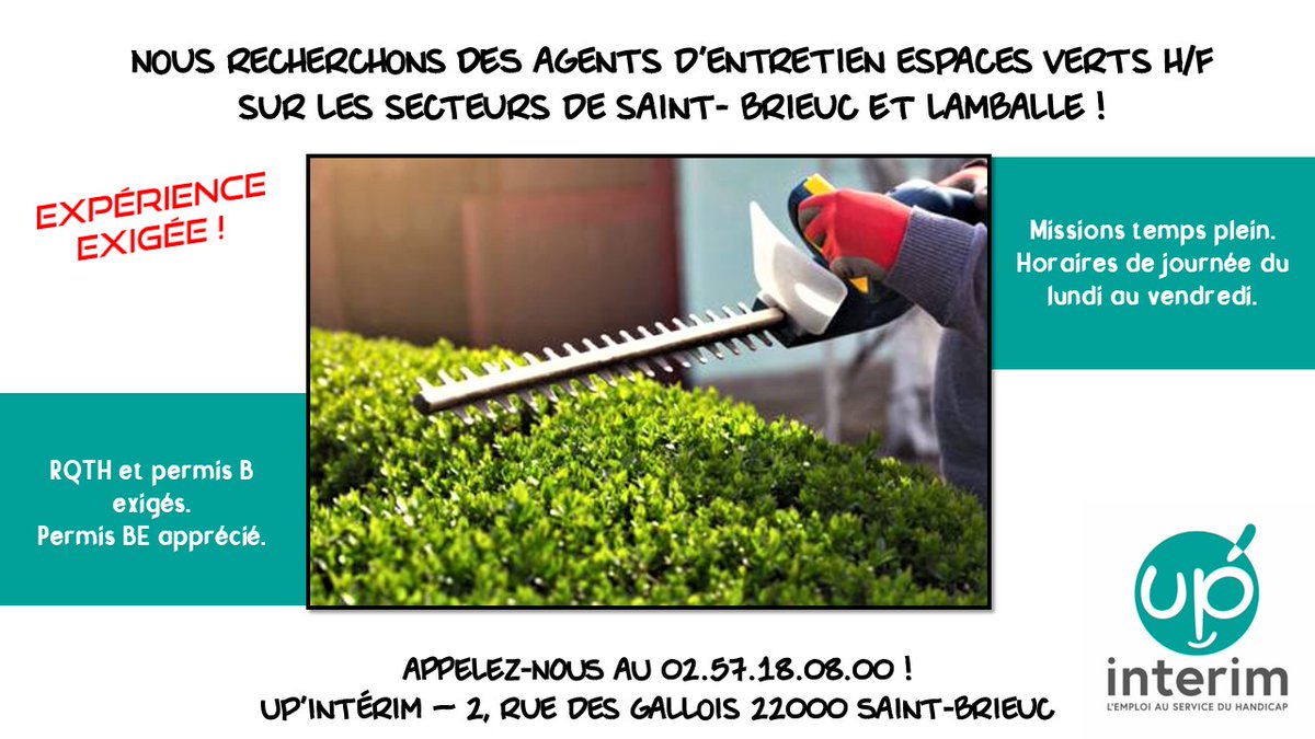Up_SaintBrieuc's tweet photo. Le printemps arrive 🌺🌈 Et les missions en entretiens des espaces verts aussi !
Si tu recherches un poste dans ce secteur, appelle-nous ! 😊☎
#RQTH #job4you #iciçarecrute #mission #printemps #lamballe #upinterim #handicapable #saintbrieuc #espacesverts #paysagisme https://t.co/6FdNTdIEf7