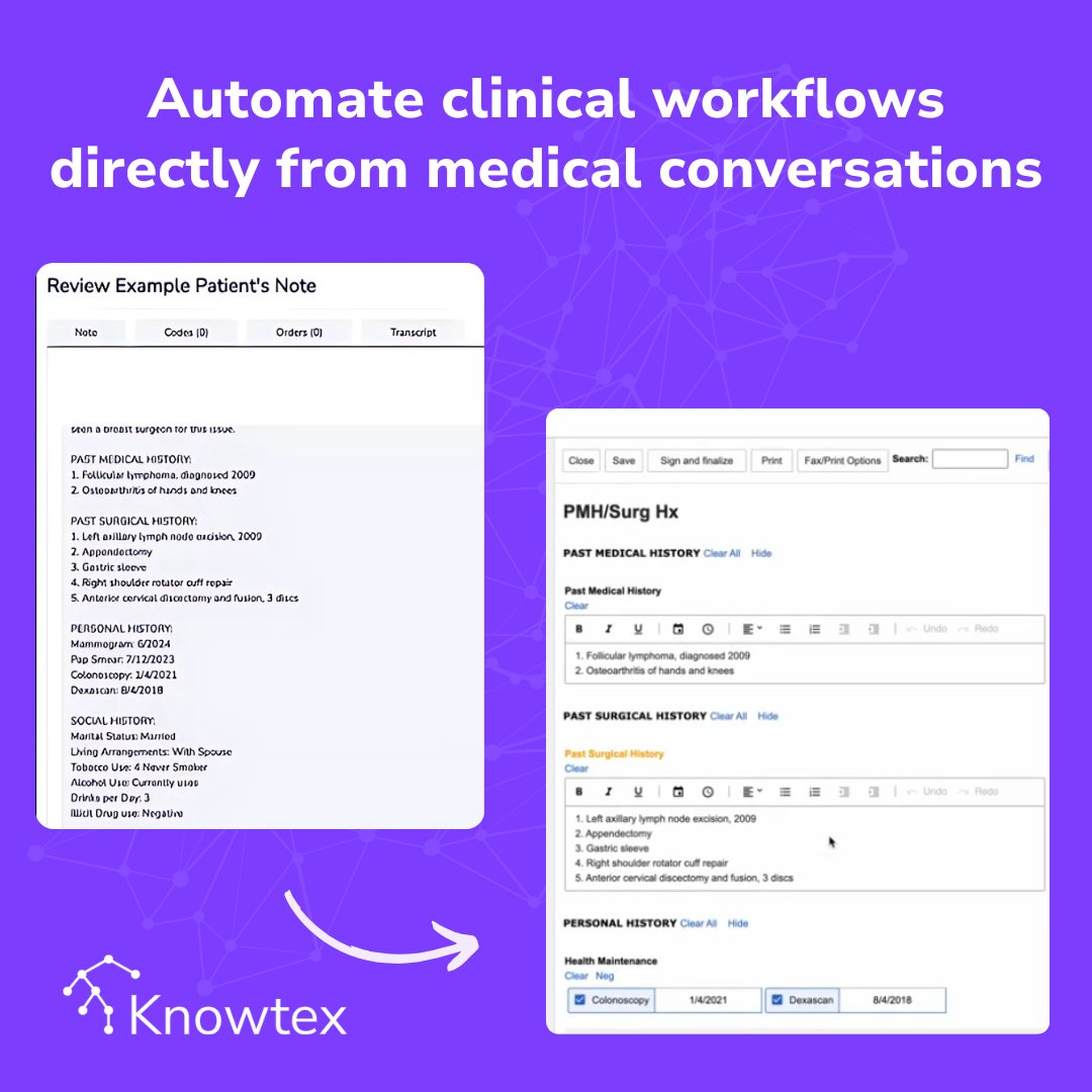 With its intelligent #EMR integration, #Knowtex eliminates the hassle of manual documentation. Our specialty-trained AI models capture and summarize the conversation, seamlessly uploads into your EMR, populating text boxes and even checkboxes automatically