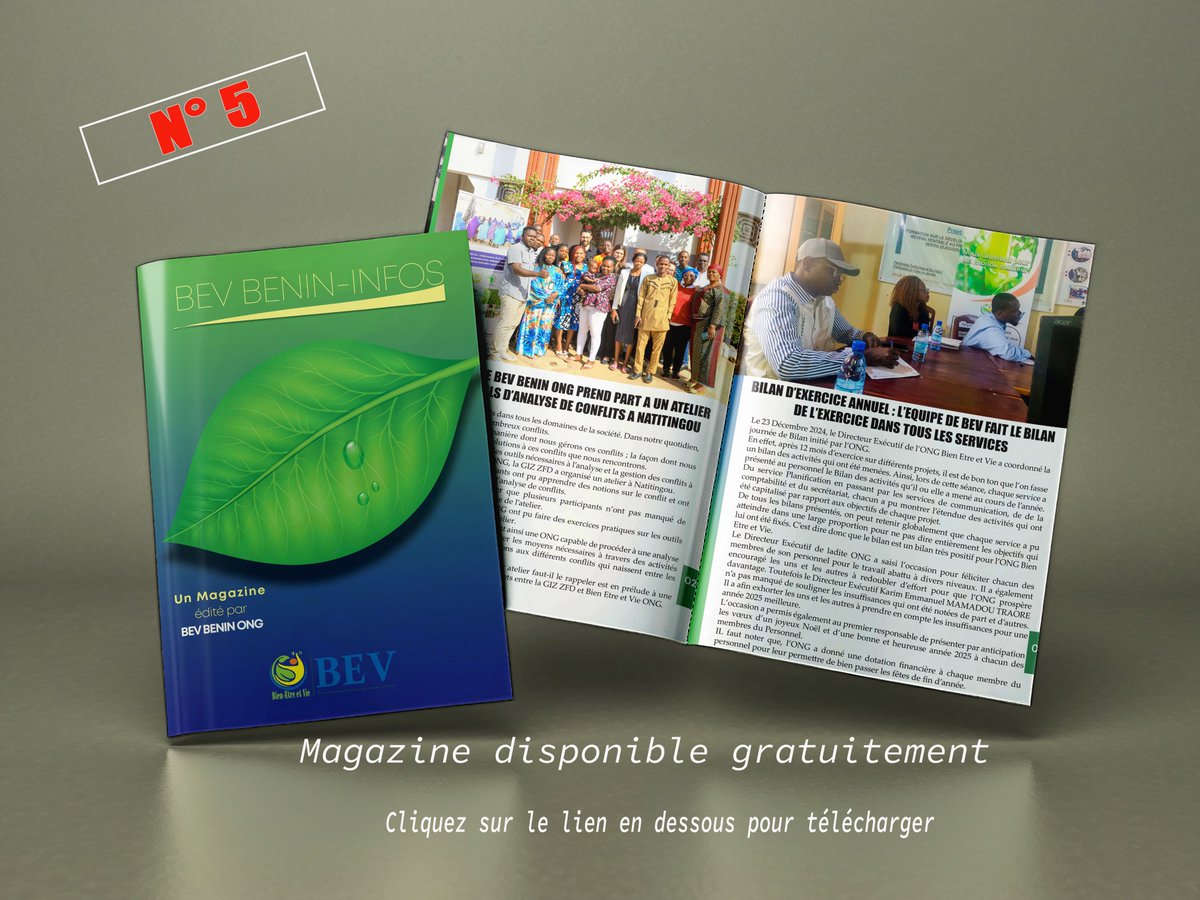 BevBeninONG's tweet photo. https://t.co/V9d5v6uNiw...
Heureux de  partager avec vous, Le premier Numéro du magazine mensuel de BEV ONG pour le compte de l'année 2025.
Vous pouvez le télécharger gratuitement en cliquant sur le lien.
Œuvrons ensemble pour un monde meilleur https://t.co/6QHRrcNyW2