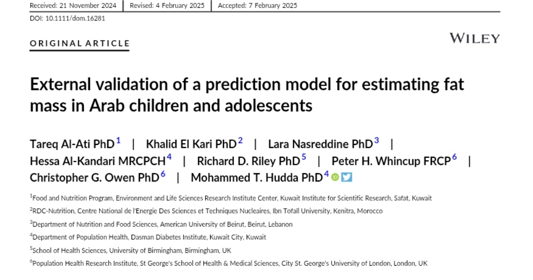 Mohammed Hudda (@mohammedhudda) on Twitter photo *NEW PUBLICATION*
Further external validation of our model to assess total body composition in children and adolescents using only weight, height, sex and age. This paper demonstrates the high performance of the model in Arab children and adolescents.
dom-pubs.onlinelibrary.wiley.com/doi/epdf/10.11… *NEW PUBLICATION*
Further external validation of our model to assess total body composition in children and adolescents using only weight, height, sex and age. This paper demonstrates the high performance of the model in Arab children and adolescents.
dom-pubs.onlinelibrary.wiley.com/doi/epdf/10.11…