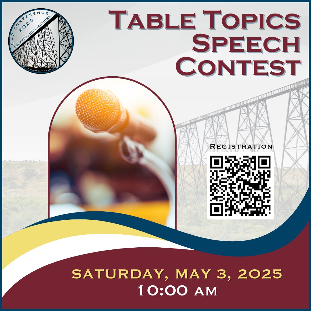 ToastmastersD42's tweet image. D42 Table Topics Contest 🎤🔥
💭 Think fast, speak faster! It’s time for the District 42 Table Topics Contest!

📅 Date: Saturday, May 3, 2025
⏰ Time: 10:00 am
📍 Location: Lethbridge

Who will handle the pressure and take home the title? Be there to find out!

#D42Conference