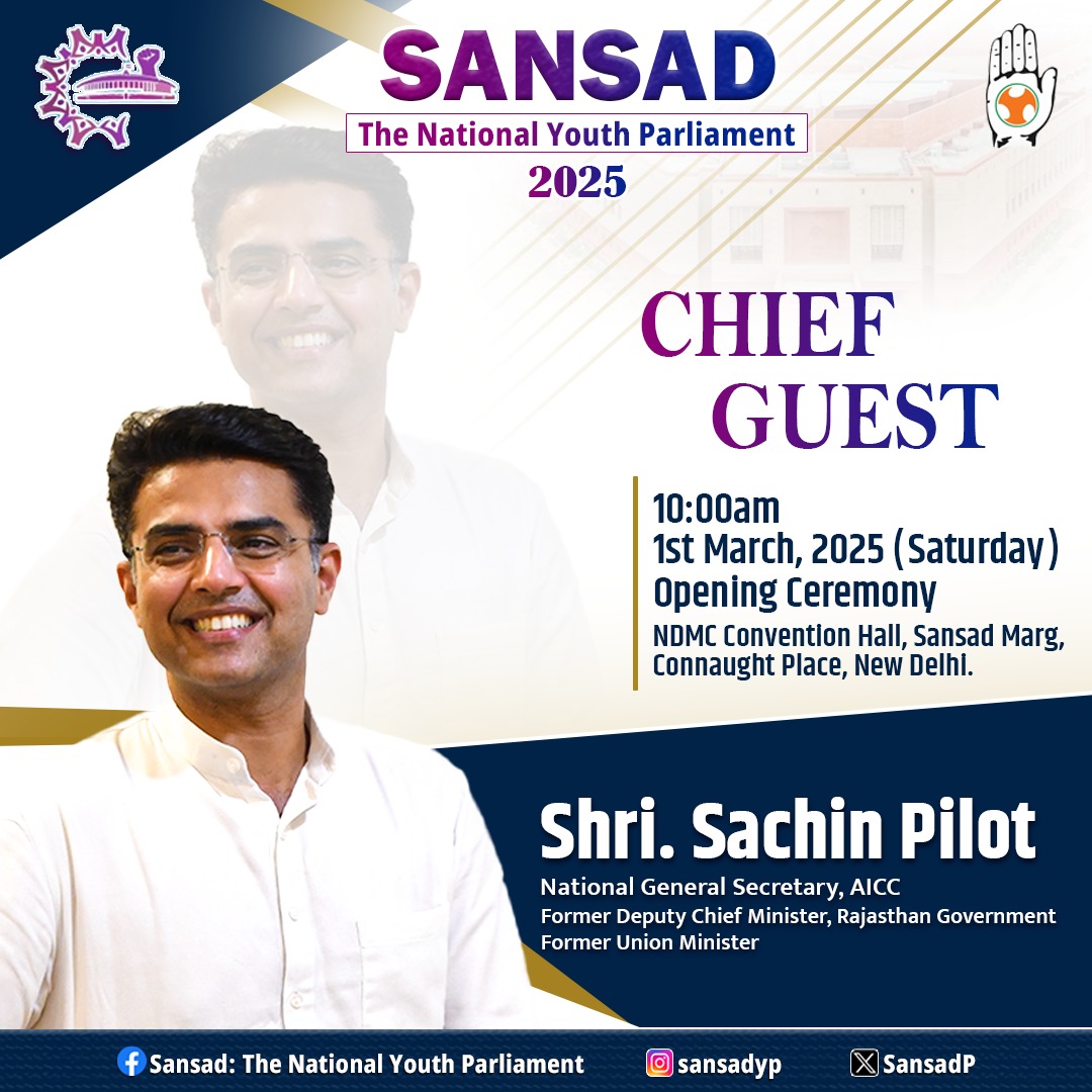We are privileged to host Shri <a href="/SachinPilot/">Sachin Pilot</a> as the Chief Guest in the Opening Ceremony on 1st March, a leader whose vision and dedication continue to inspire. His insights and experiences will add great value to this platform, encouraging dialogue and leadership among the youth.