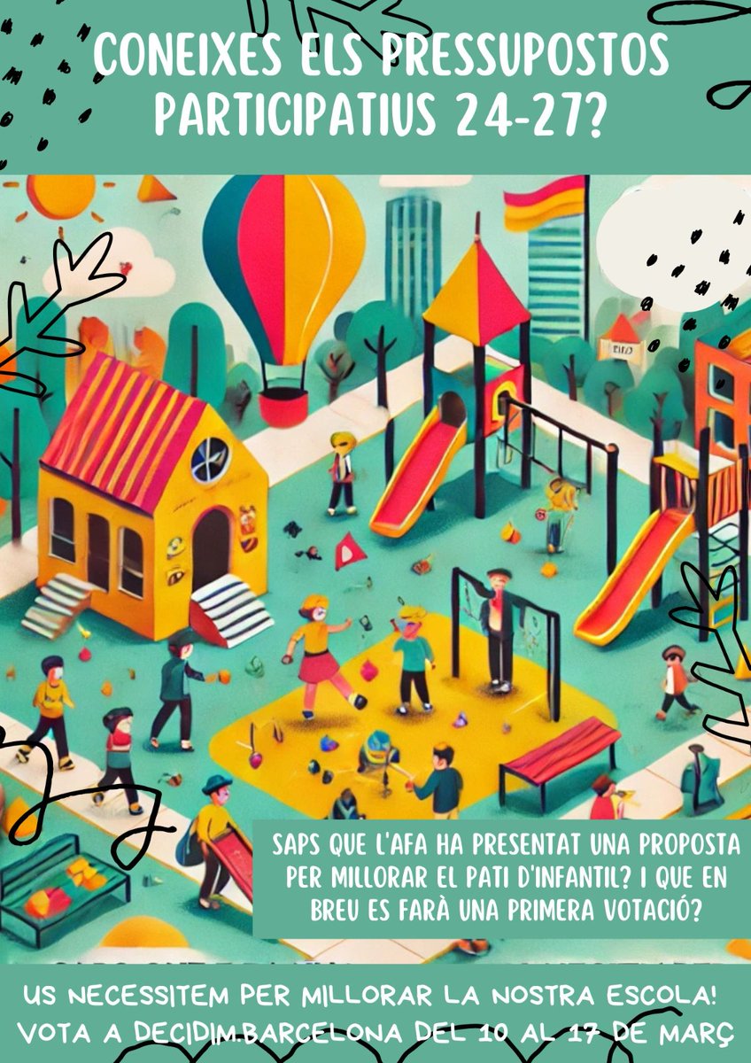 L' AFA ha presentat una proposta per millorar el pati d'infantil i en breu es farà una votació?
decidim.barcelona/processes/pres…)
Necessitem el teu vot per millorar la nostra escola! 
 Vota a decidim.barcelona del 10 al 17 març.
<a href="/EscPublicaSAFA/">Escola Sagrada Família Gràcia</a>