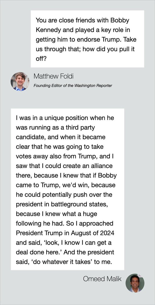 Matthew Foldi (@matthewfoldi) on Twitter photo NEW <a href="/DC_Reporter/">Washington Reporter</a>:
<a href="/RealOmeedMalik/">Omeed Malik</a> walks us through how he helped get <a href="/RobertKennedyJr/">Robert F. Kennedy Jr</a> to endorse Trump, and how he spent years telling <a href="/DonaldJTrumpJr/">Donald Trump Jr.</a> that <a href="/TulsiGabbard/">Tulsi Gabbard 🌺</a> would fit in with the MAGA coalition
washingtonreporter.news/p/interview-om… NEW <a href="/DC_Reporter/">Washington Reporter</a>:
<a href="/RealOmeedMalik/">Omeed Malik</a> walks us through how he helped get <a href="/RobertKennedyJr/">Robert F. Kennedy Jr</a> to endorse Trump, and how he spent years telling <a href="/DonaldJTrumpJr/">Donald Trump Jr.</a> that <a href="/TulsiGabbard/">Tulsi Gabbard 🌺</a> would fit in with the MAGA coalition
washingtonreporter.news/p/interview-om…
