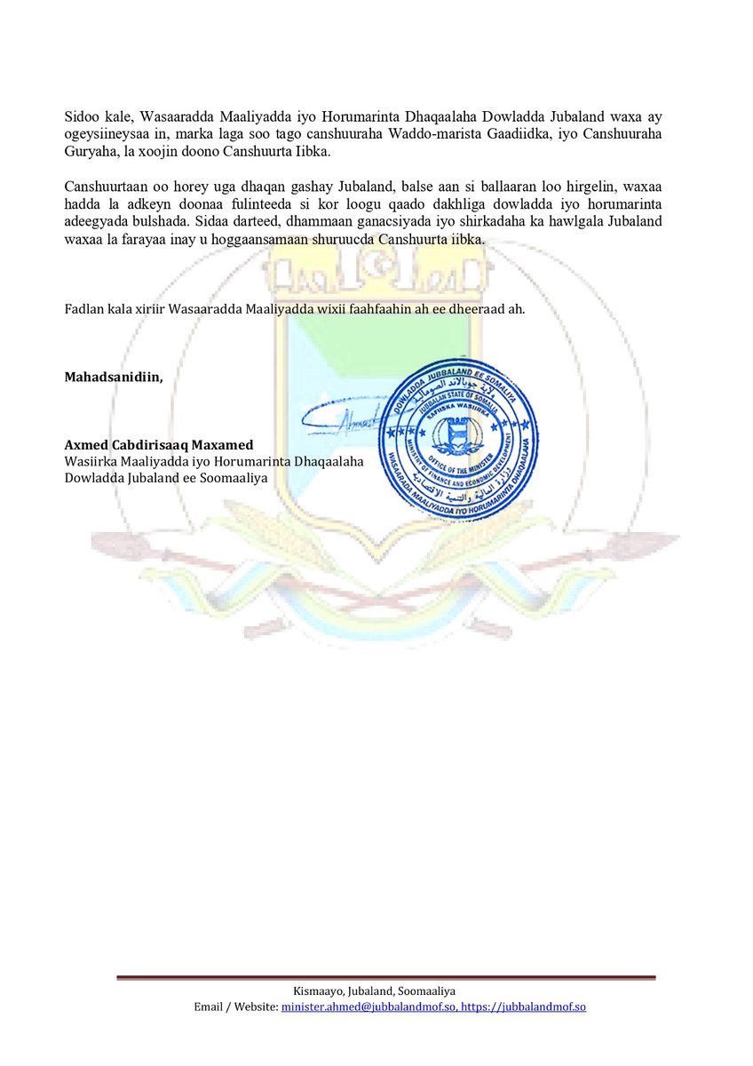 <a href="/mofjubaland/">Ministry of Finance</a> announces the commencement dates for the collection of Vehicle Road Tax, Sales Tax, and Property Tax in #Jubaland.