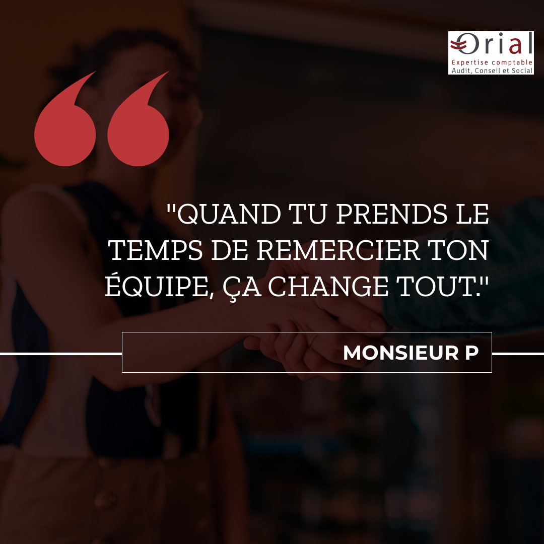 CabinetOrial's tweet photo. "Quand tu prends le temps de remercier ton équipe, ça change tout." 🙌 En effet, la reconnaissance au sein d'une entreprise est un facteur clé de succès. En prenant le temps de remercier son équipe, un dirigeant montre qu'il valorise les contributions individuelles et (1/3) https://t.co/Gt9k0P9kLx