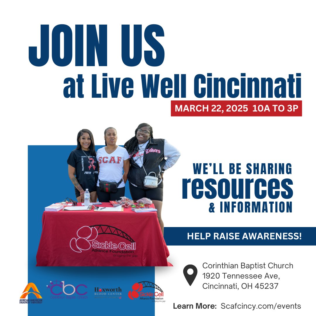 SCAFCincy's tweet image. Join us in supporting the Live Well Cincinnati: Health &amp;amp; Healing Expo on March 22 at Corinthian Baptist Church! 

Volunteers help create a meaningful experience &amp;amp; support those affected by sickle cell. 

Sign up: scafcincinnati@gmail.com or DM us! 

#SupportSickleCell #SCAFCincy