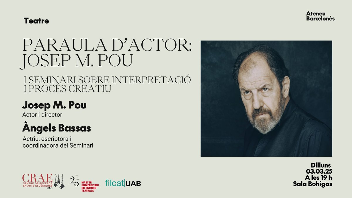Ateneu Barcelonès (@ateneubcn) on Twitter photo 🗓️ Dilluns 3 de març, l'actor i soci de l'<a href="/AteneuBCN/">Ateneu Barcelonès</a>, Josep Maria Pou, conversarà amb Àngels Bassas
👉 Repassaran anècdotes i compartiran les seves idees sobre la creació actoral
🗣️ Pou és el primer convidat del seminari sobre interpretació i procés creatiu 🗓️ Dilluns 3 de març, l'actor i soci de l'<a href="/AteneuBCN/">Ateneu Barcelonès</a>, Josep Maria Pou, conversarà amb Àngels Bassas
👉 Repassaran anècdotes i compartiran les seves idees sobre la creació actoral
🗣️ Pou és el primer convidat del seminari sobre interpretació i procés creatiu